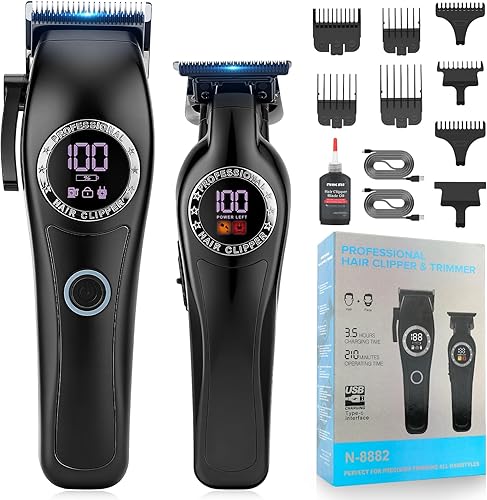 Qreeyx Professional Hair Clippers for Men, 2-in-1 Clipper and Trimmer Set with 7200RPM Motor, Cordless Hair Cutting Kit with LED Display, Adjustable Length Beard Trimmer for Barbers or Home, Mens Gift