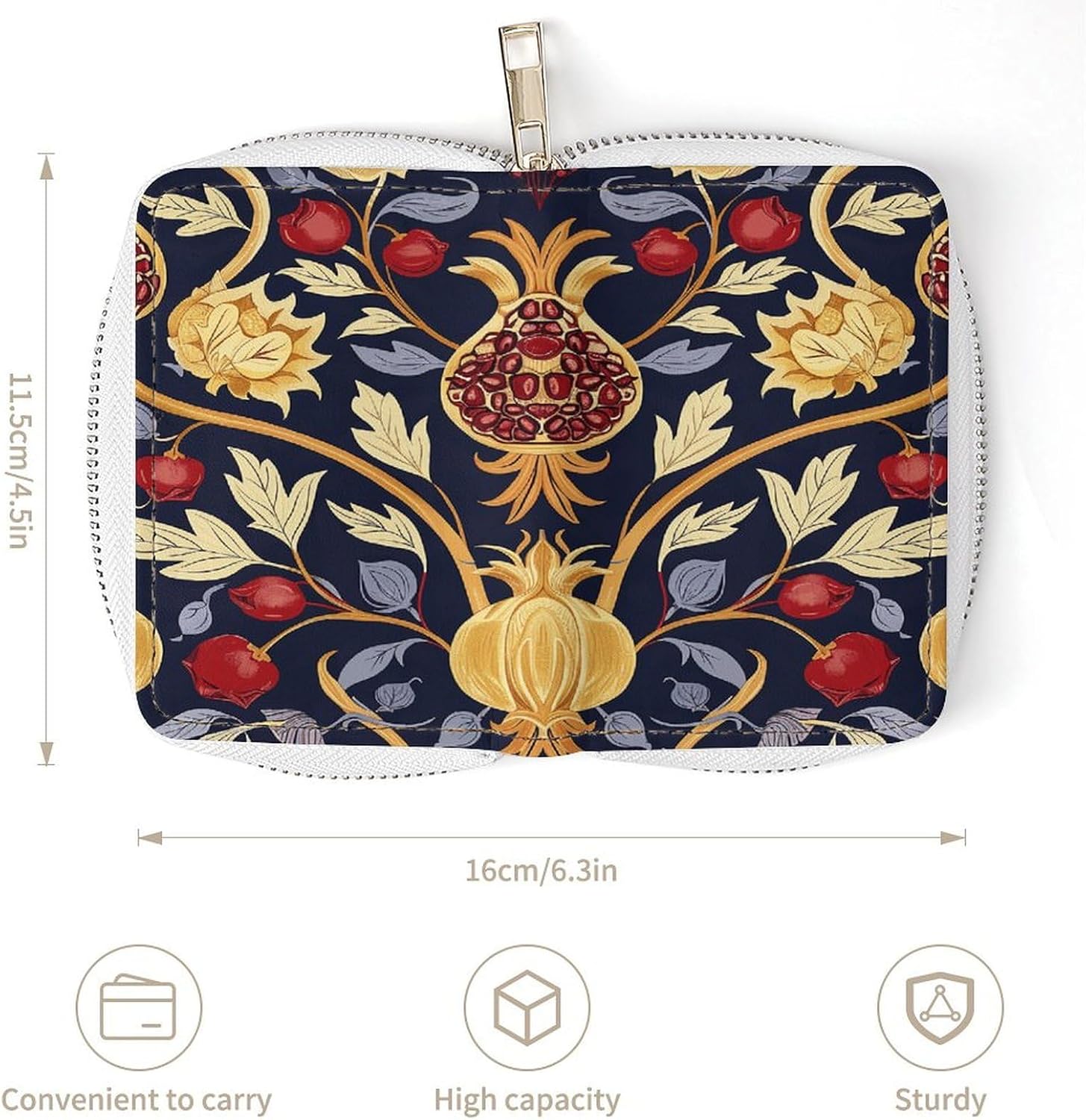 Leather Card Organizer Case Card Wallet Credit Card Holder Hand Drawn Pomegranate Printed Zipper Card Cases Holder for Women Men