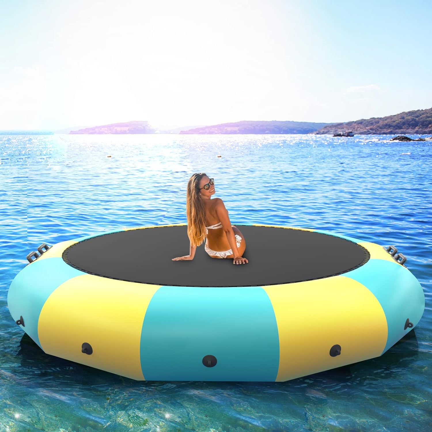 GYMAX Water Trampoline, Floating Lake Trampoline with Electric Pump & Rope Ladder, Inflatable Water Bouncer for Lake, Heavy Duty for Adults