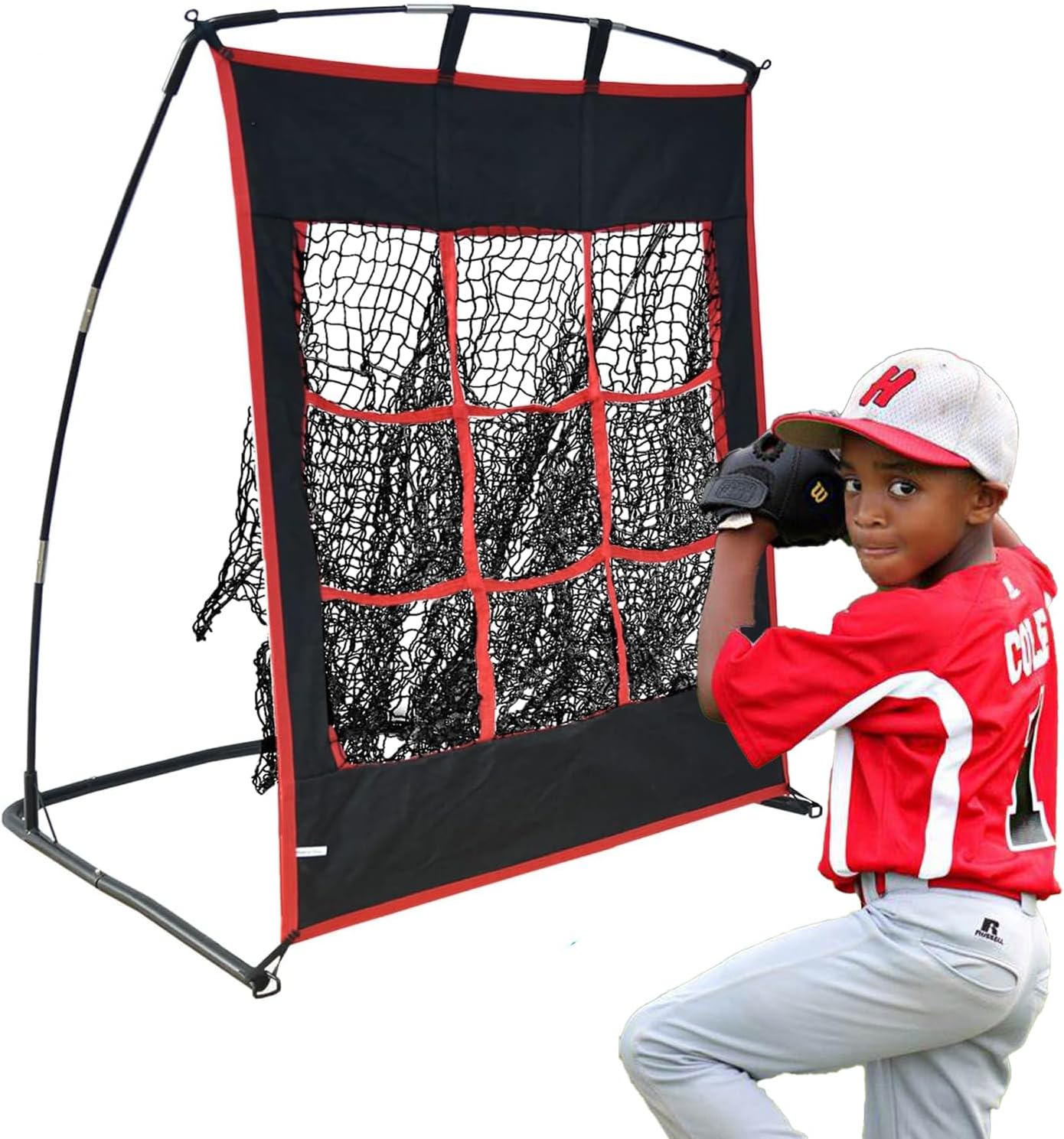 PGL 9 Hole Baseball Pitching Net - 4x4FT Portable Softball Pitching Practice Target with Strike Zone to Improve Training Throwing Accuracy - Fiberglass and Galvanized Steel Base
