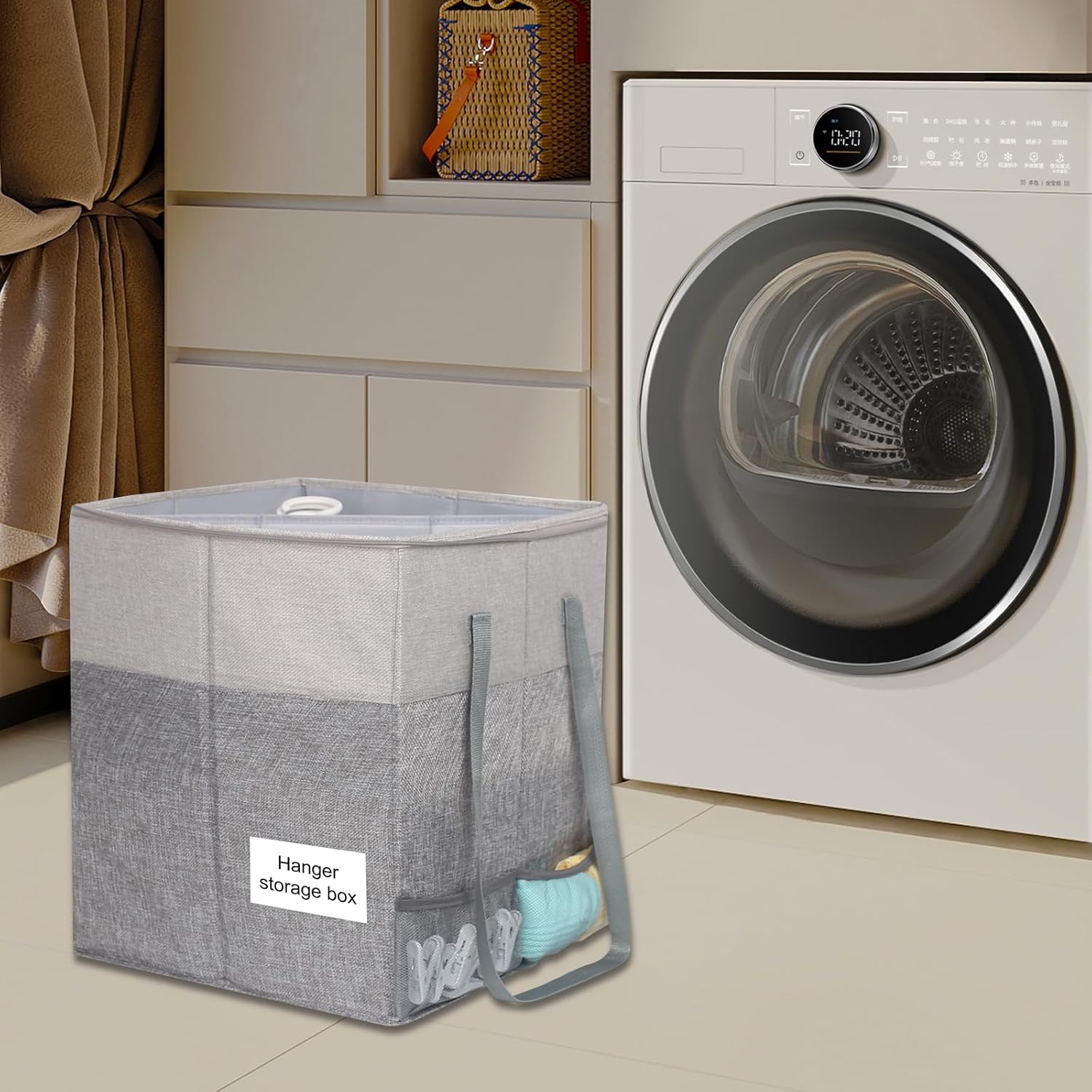 Clothes Hanger Organizer Bag with Lid,Rigid Hanger Storage Containers,Hanger Caddy Organizer Box with Handle and Label Window Keep Closet Laundry Rooms Tidy (Grey)