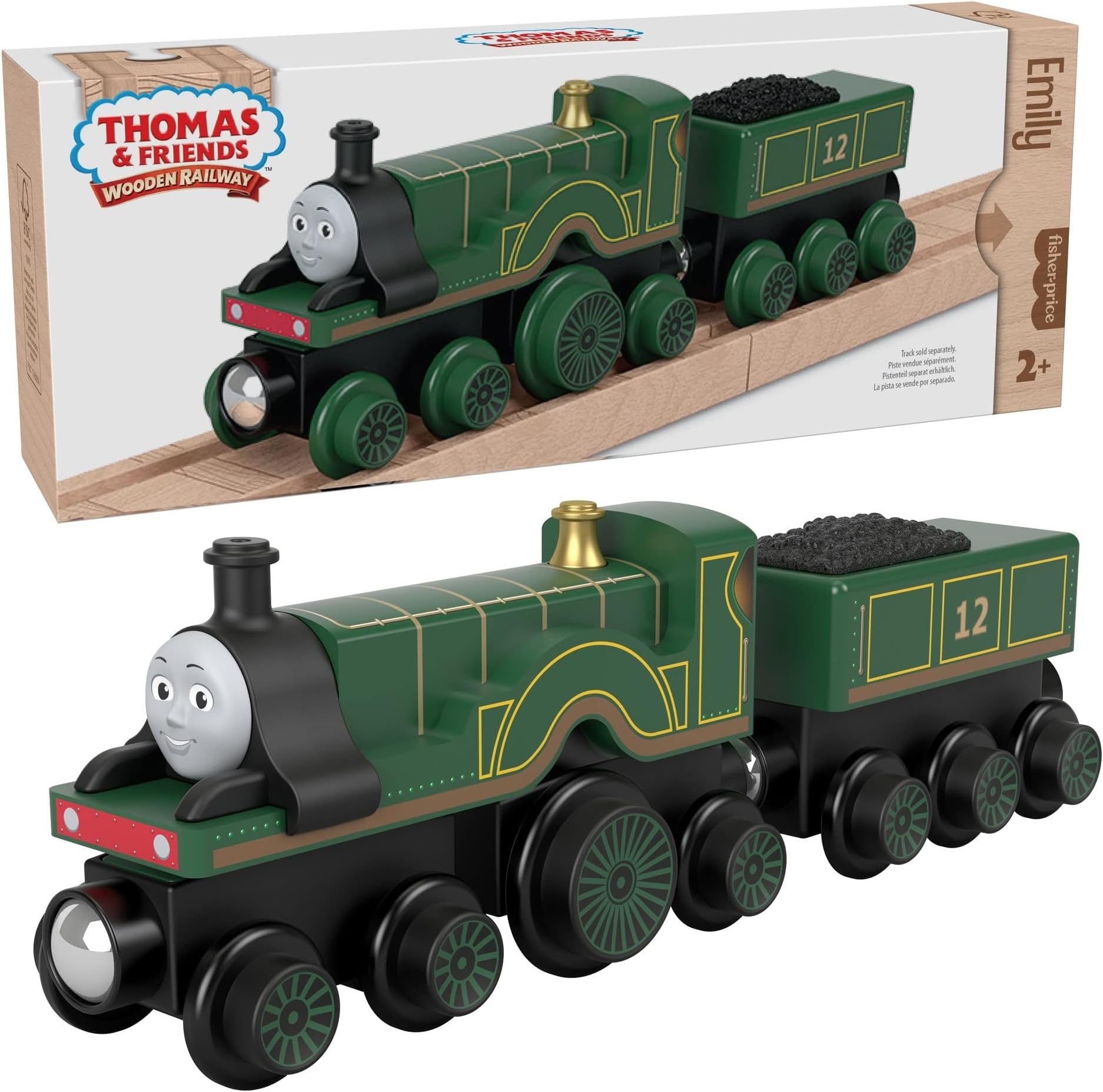Mattel Thomas & Friends Wooden Railway Toy Train Emily Push-Along Wood Engine & Coal Car For Toddlers & Preschool Kids Ages 2+ Years