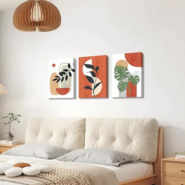 3Pcs Wooden Framed Boho Canvas Wall Art Orange Abstract Leaves And Sun Painting Canvas Prints Nordic Minimalist Geometric Picture for Living Room Bedroom Hallway Home Wall Decor 120x60cm(16"x24"x3pcs) - 4
