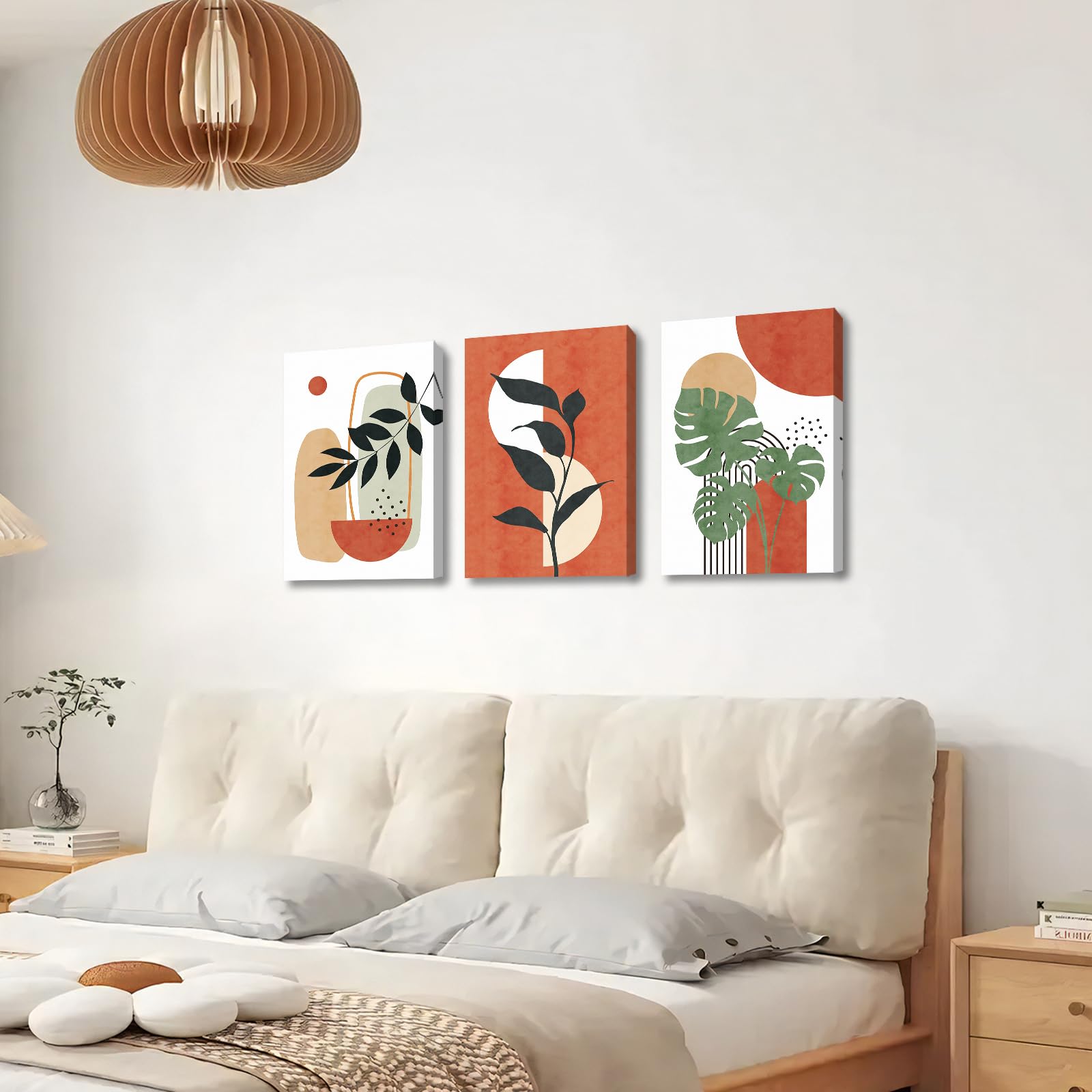 3Pcs Wooden Framed Boho Canvas Wall Art Orange Abstract Leaves And Sun Painting Canvas Prints Nordic Minimalist Geometric Picture for Living Room Bedroom Hallway Home Wall Decor 120x60cm(16"x24"x3pcs) - Image 4