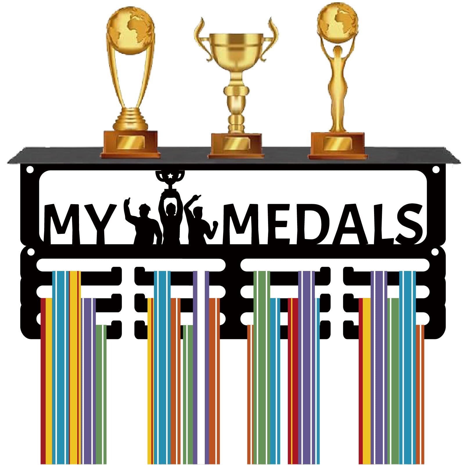 CREATCABIN Perchero para Medallas con Estante para Trofeos, Soporte para Colgar Medallas, Soporte de Pared para Medallas Deportivas, Soporte para Trofeos de Metal Negro, Organizador de Medallas