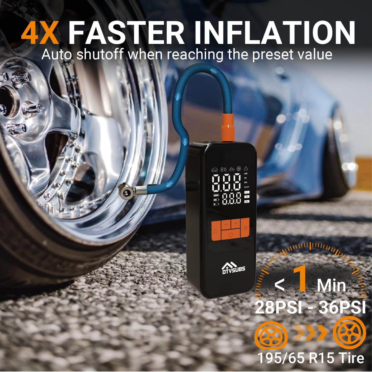 Compresor de aire portátil inflador de neumáticos, bomba de aire inalámbrica 4 veces más rápida para neumáticos de coche, bomba de aire de 150 PSI con medidor de presión y luces LED para autos