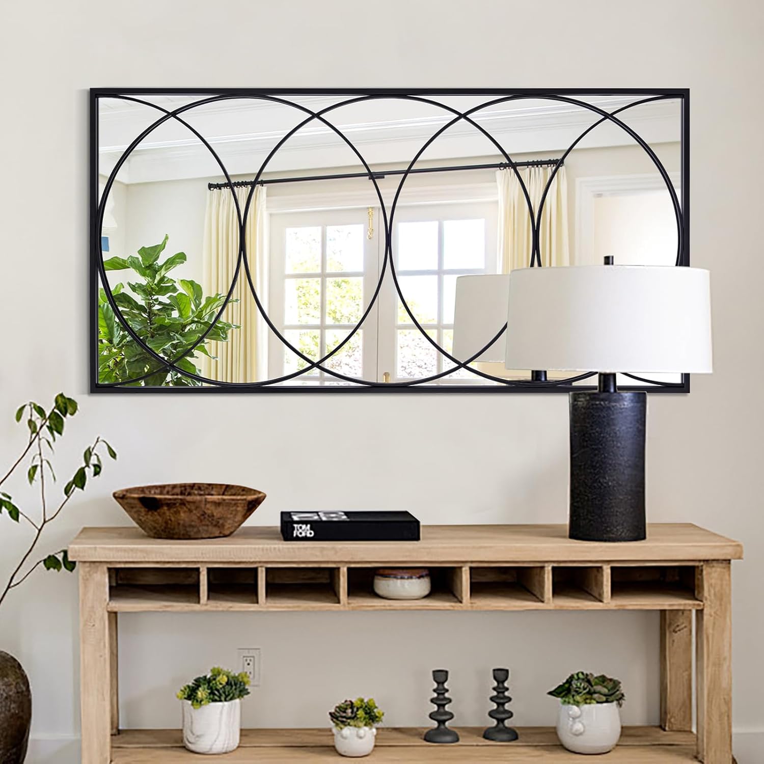 Chende 24" x 47.5" Large Black Mirror for Decor, Living Room Wall Mirror with Round Metal Pattern and Metal Frame, Modern Rectangular Mirror for Entryway, Hang Horizontally or Vertically