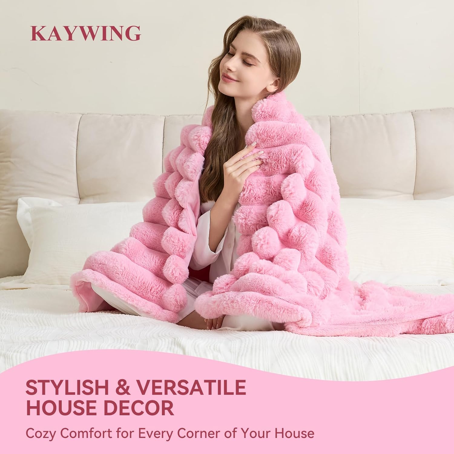 KayWing Faux Fur Throw Blanket: Pink Reversible Fuzzy Plush Rabbit Wide Strip Fleece - Luxury Fluffy Blanket for Home Aesthetics Enthusiast Age 25-40 - Throw Size 50"x 60" - Image 4