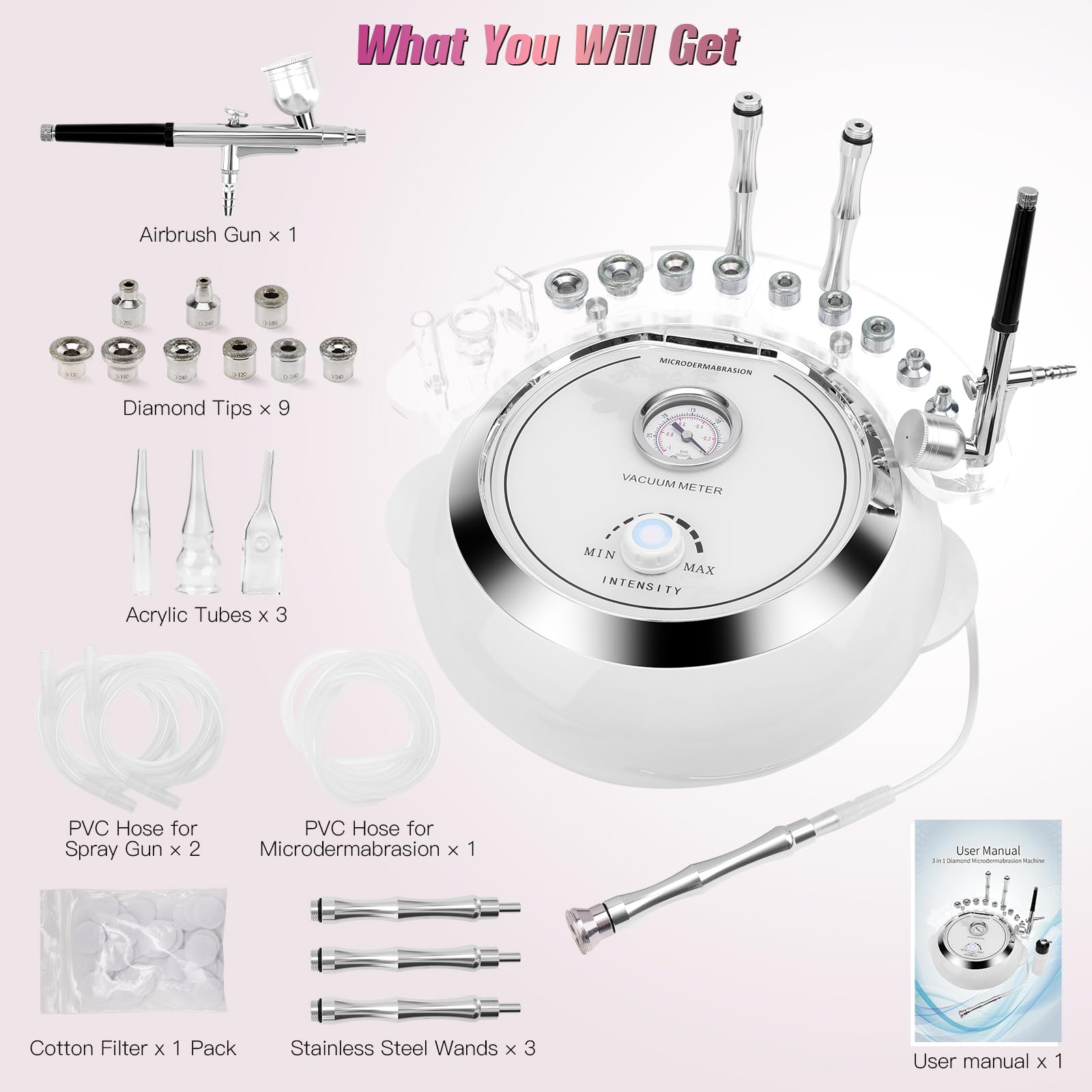 TopDirect - Macchina diamantata 3 in 1, attrezzatura per la cura della pelle del viso, dispositivo di bellezza con pistola a spruzzo (forte potenza di aspirazione: 65-68 cmhg)