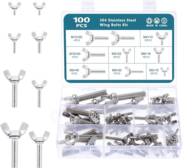 HSEAMALL 100PCS Stainless Steel Wing Bolt Set, M3-M12 Butterfly Wing Screws Thumb Hand Screws for Machinery Equipment