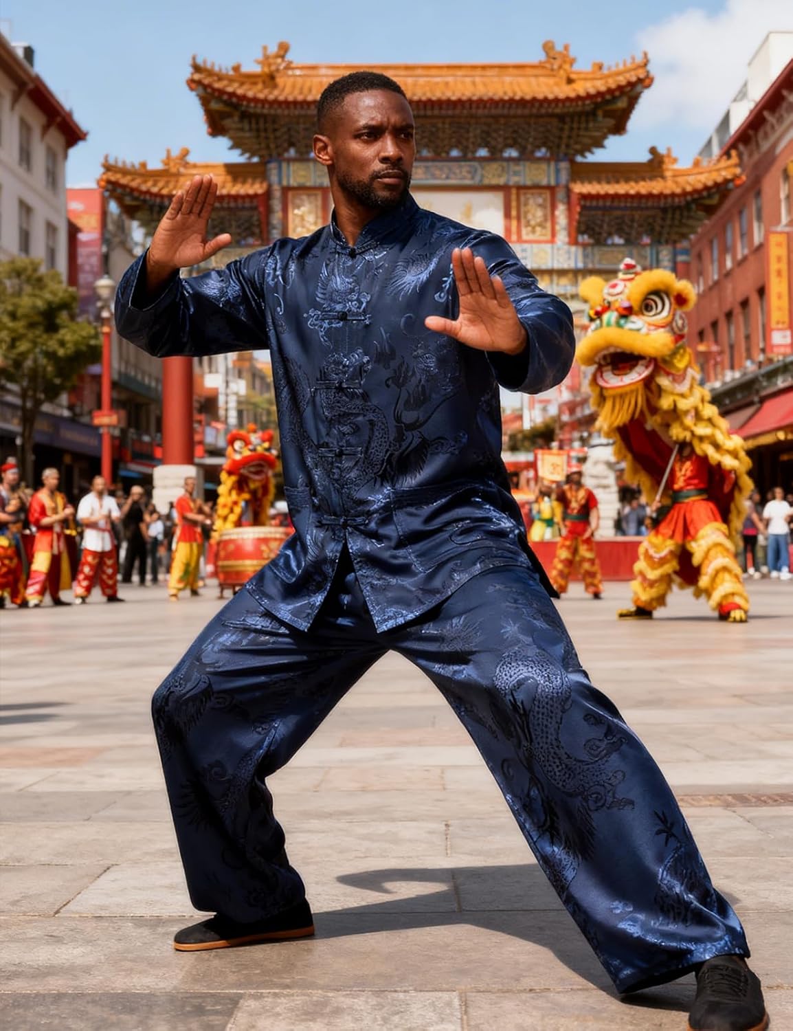 Funny World Tang Suit Men Hanfu Kung Fu Uniform Tai Chi Clothing Chinese Shirt Traditional Clothes Long Sleeve Top and Pants