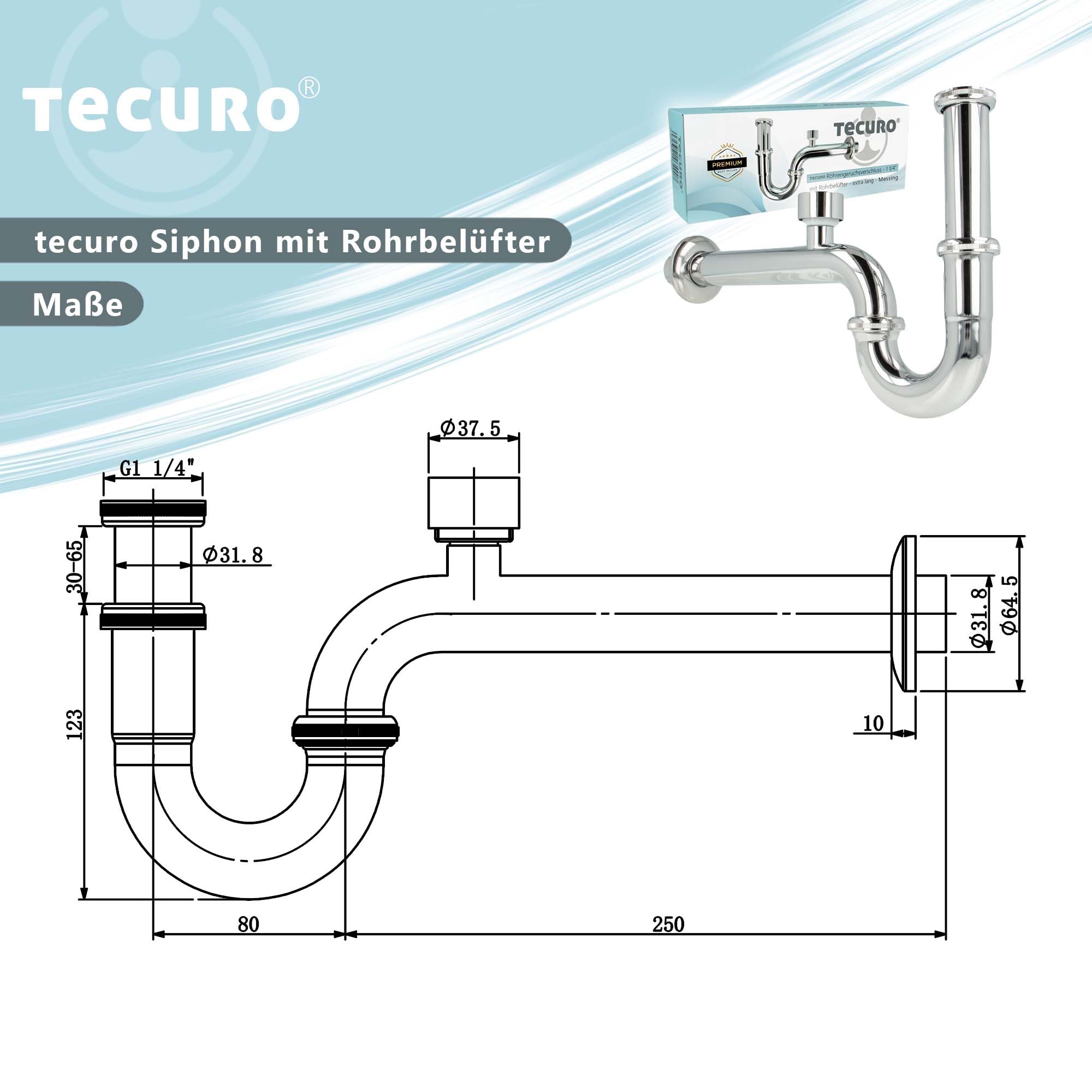 tecuro Röhrensiphon mit Belüftungsventil extra lang für Waschbecken 1 1/4 Zoll Anschluss - Messing hochglanzverchromt