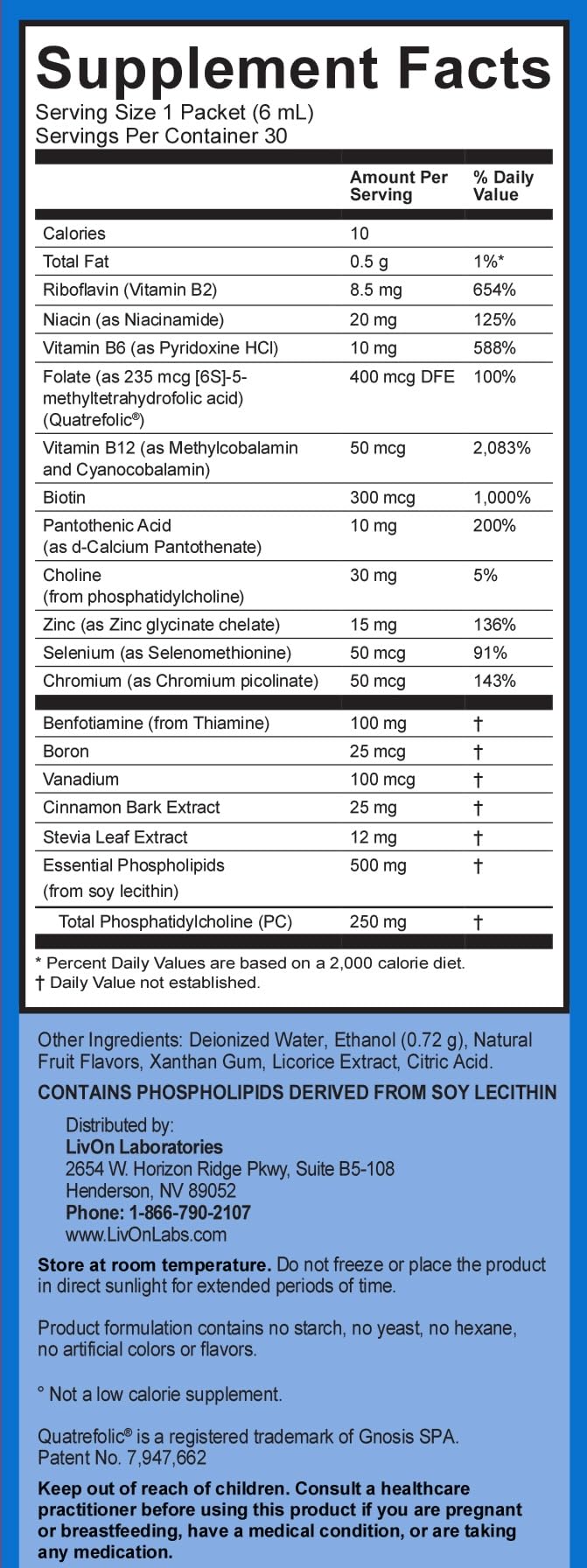 LivOn Laboratories Lypo–Spheric B Complex Plus – 30 Packets – 190 mg B Vitamins, Minerals & Cinnamon Per Packet – Liposome Encapsulated for Improved Absorption – 100% Non–GMO — Amazon image 2