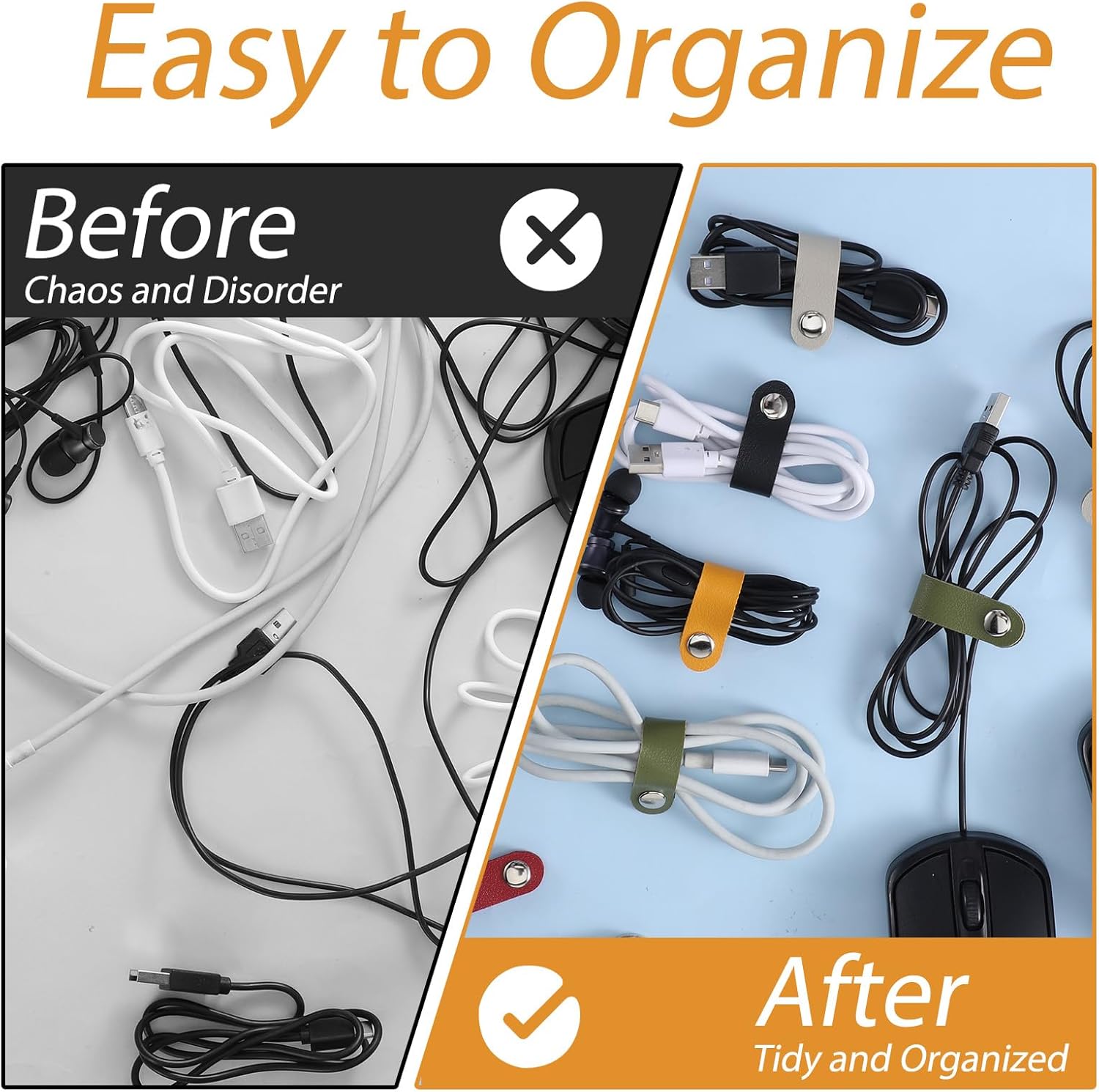 20 Pcs Leather Cord Organizer, Leather Cable Straps, Reusable Cord Organizer for Charging Cords & Earbuds, Multipurpose Wire Cable Ties, Assorted Colors (5 Colors)