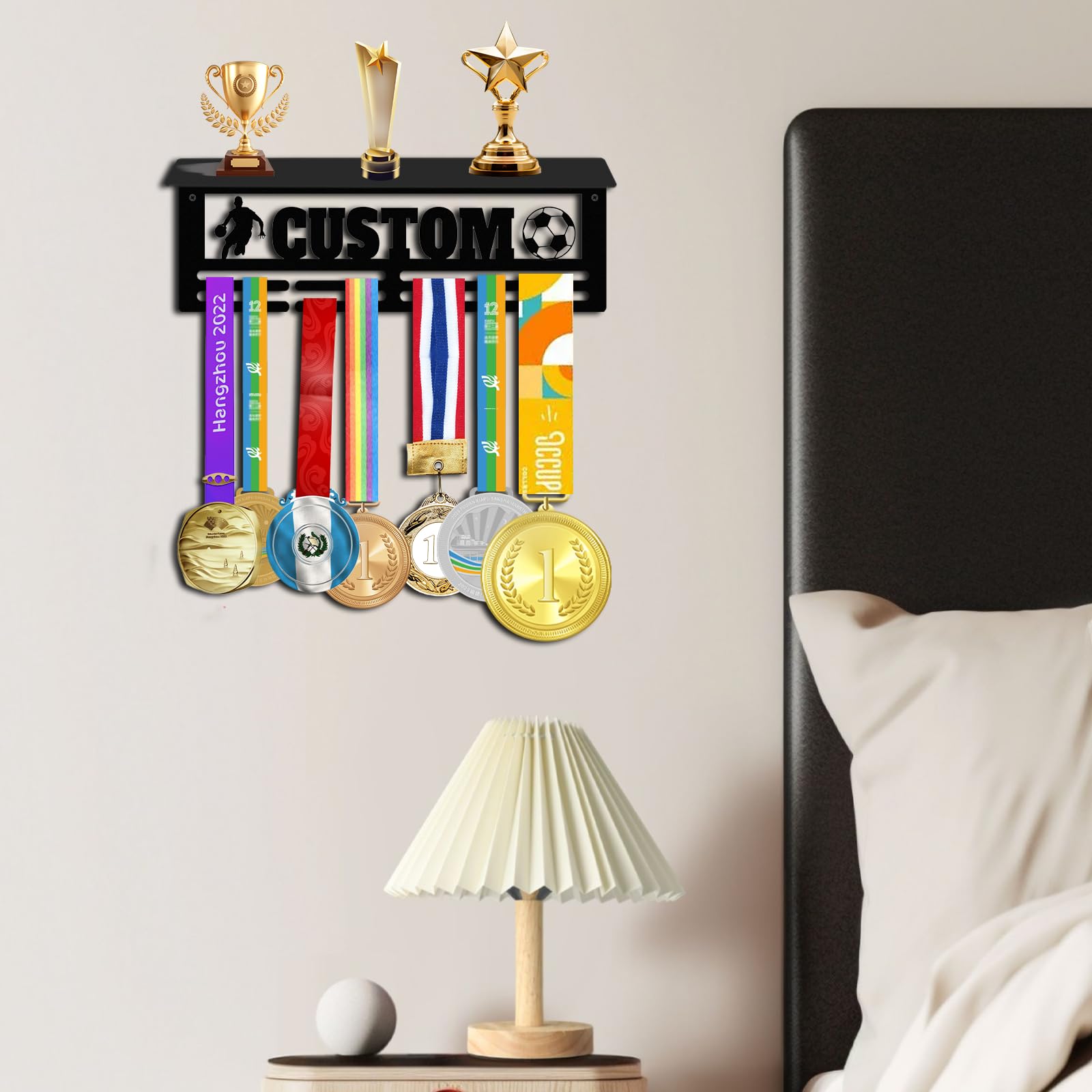 Perchero de medallas personalizado de acero, estante para premios y cintas, soporte de pared con diseño de nombre y deporte