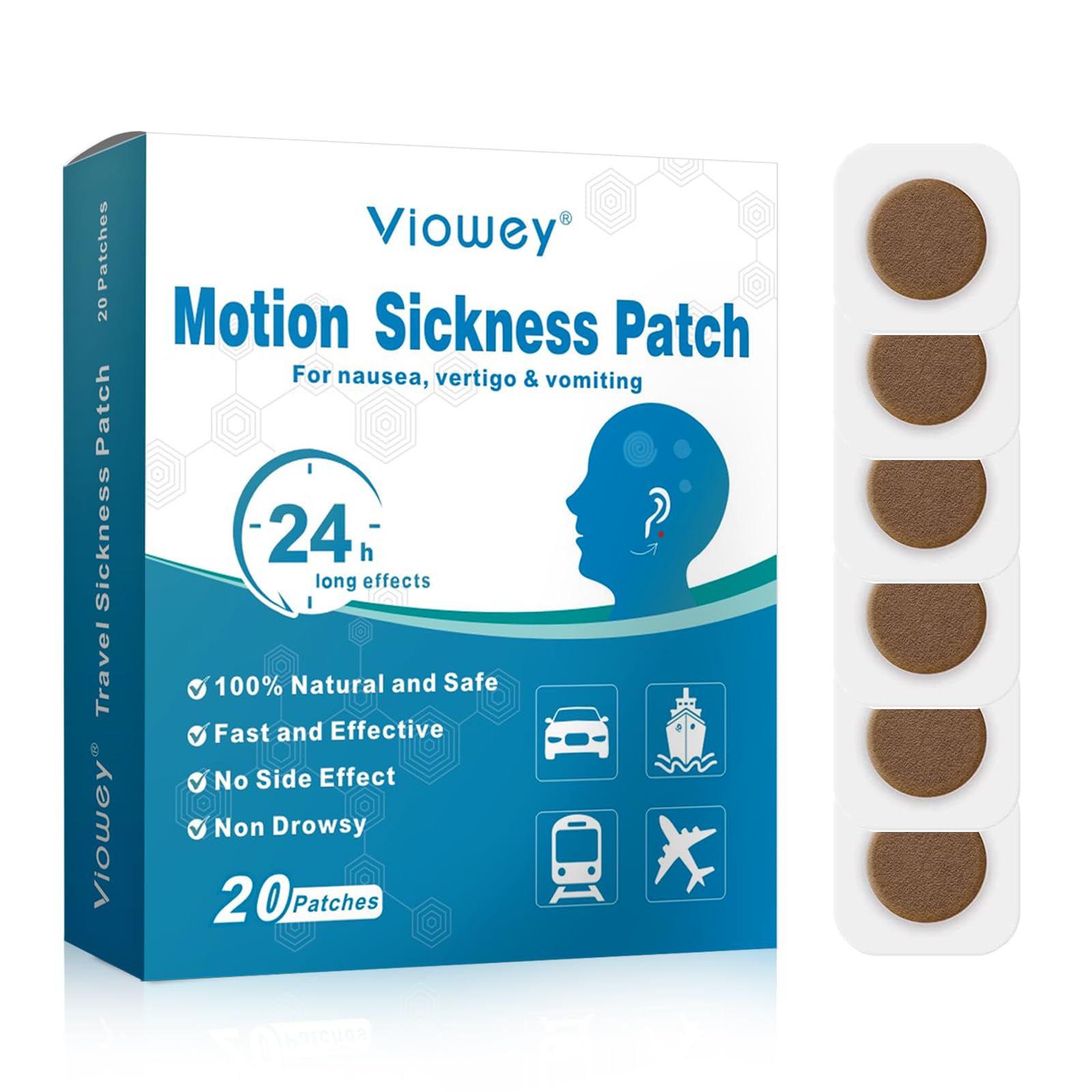 Viowey Motion Sickness Patches Travel Sickness Tablets for Car and Boat Rides, Cruise and Airplane Trips Fast Acting&No Side Effects，20 Count