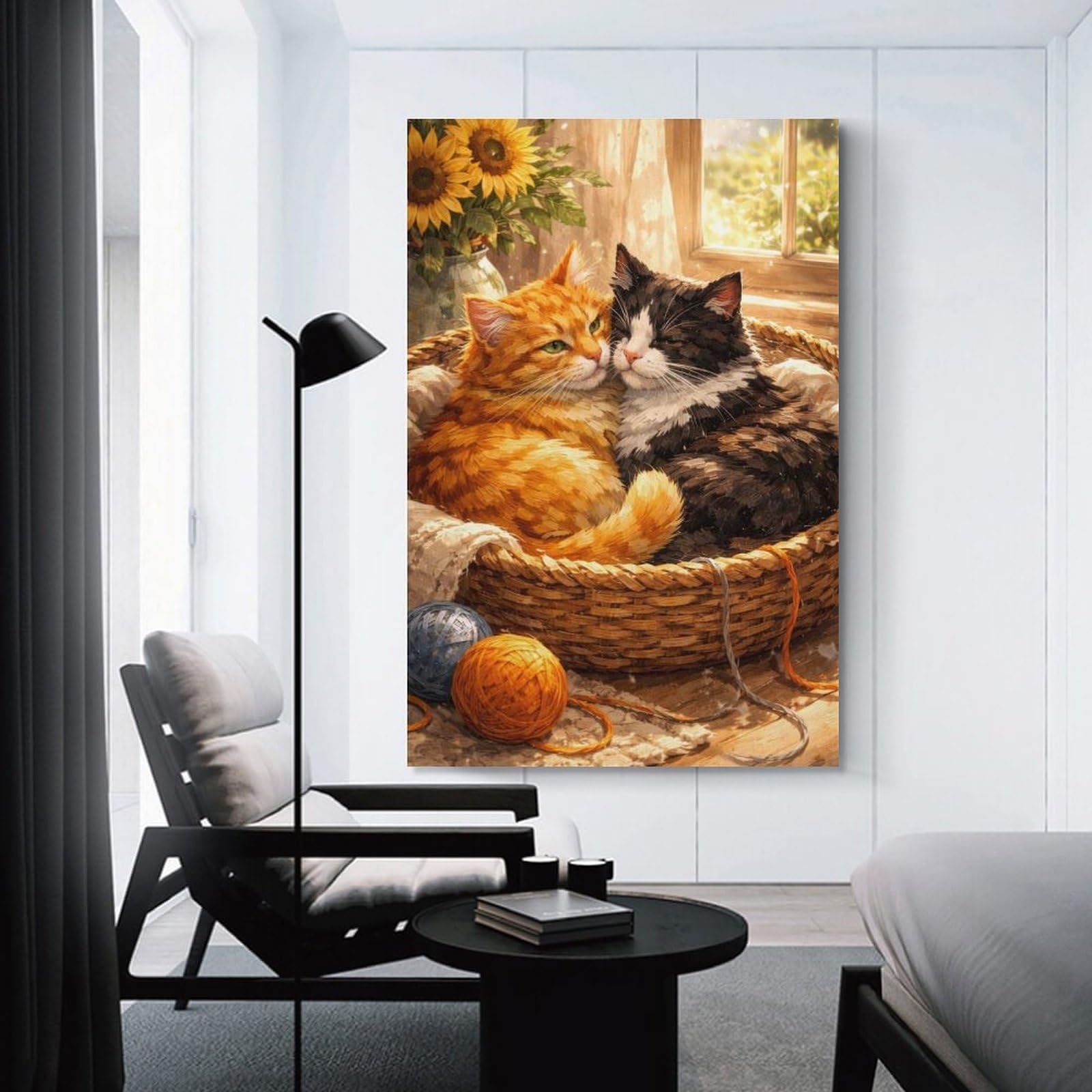 Junmoney Unframe-Style-23 Two Cats Cuddled In A Basket Decorative Canvas Print, 16X24inch(40X60cm), For Contemporary Homes, Apartments Or Offices, Home Artwork For Modern Interiors