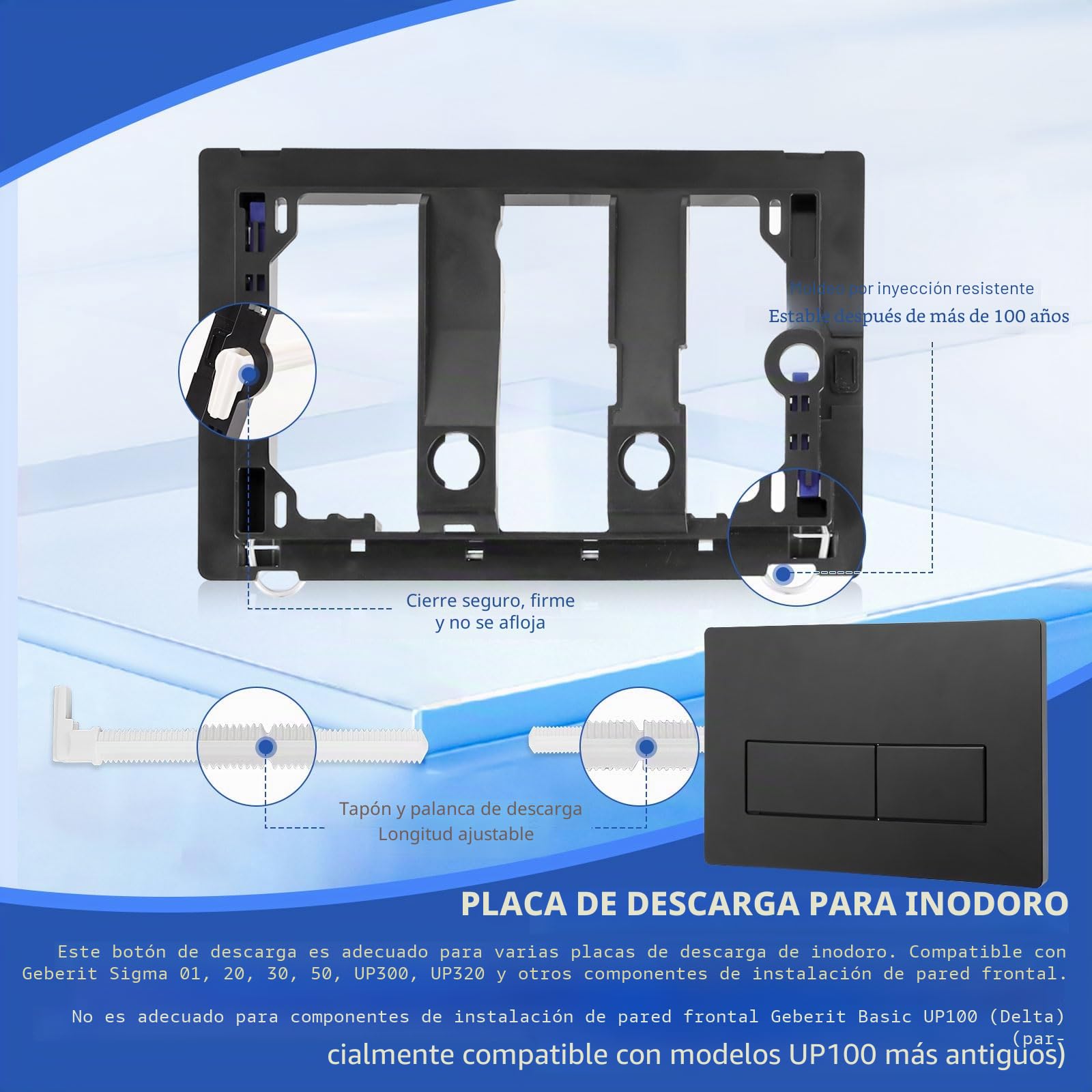 Placa de pulsador Para Geberit Sigma, Compatible con Geberit Sigma 01, UP300, UP320 Cisterna de Inodoro Empotrada, Incluye Kit de Palanca de Descarga y Marco de Instalación