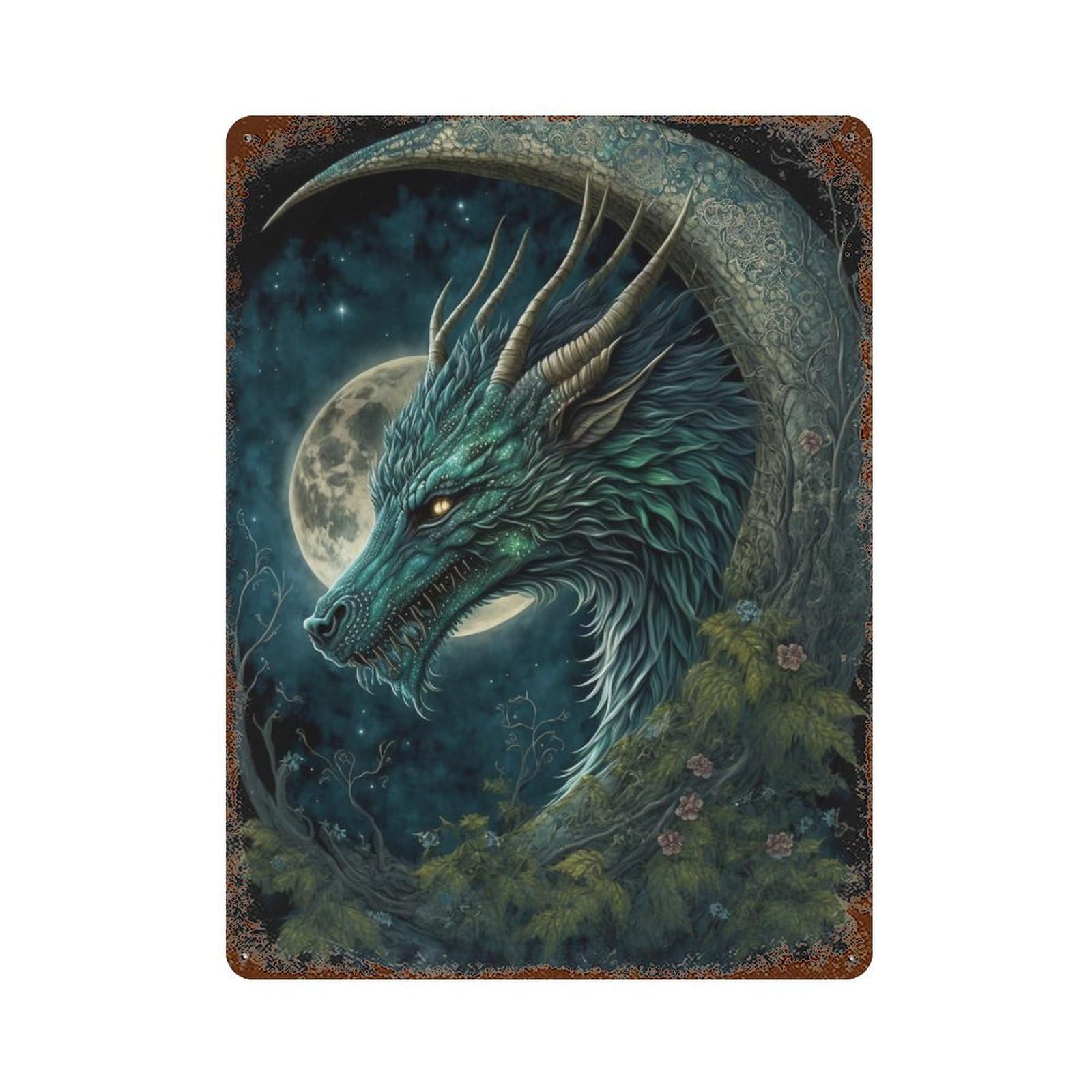 Fantasy Dragon Moon Art Print Rust Effect Tin Sign 15.7"x11.8", for Farmhouse, Kitchen And Entryway Decor, Decorative Metal Wall Art