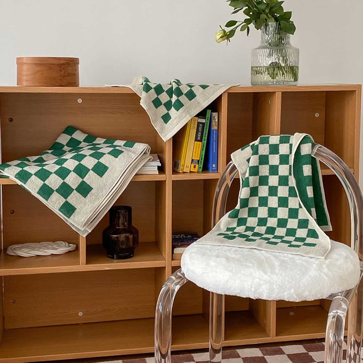 Checkered Hand Towels Minimalist Checkerboard Fingertip Towels Bath Towel Set for Bathroom Dorm Teens (Larger Hand Towels, Green)