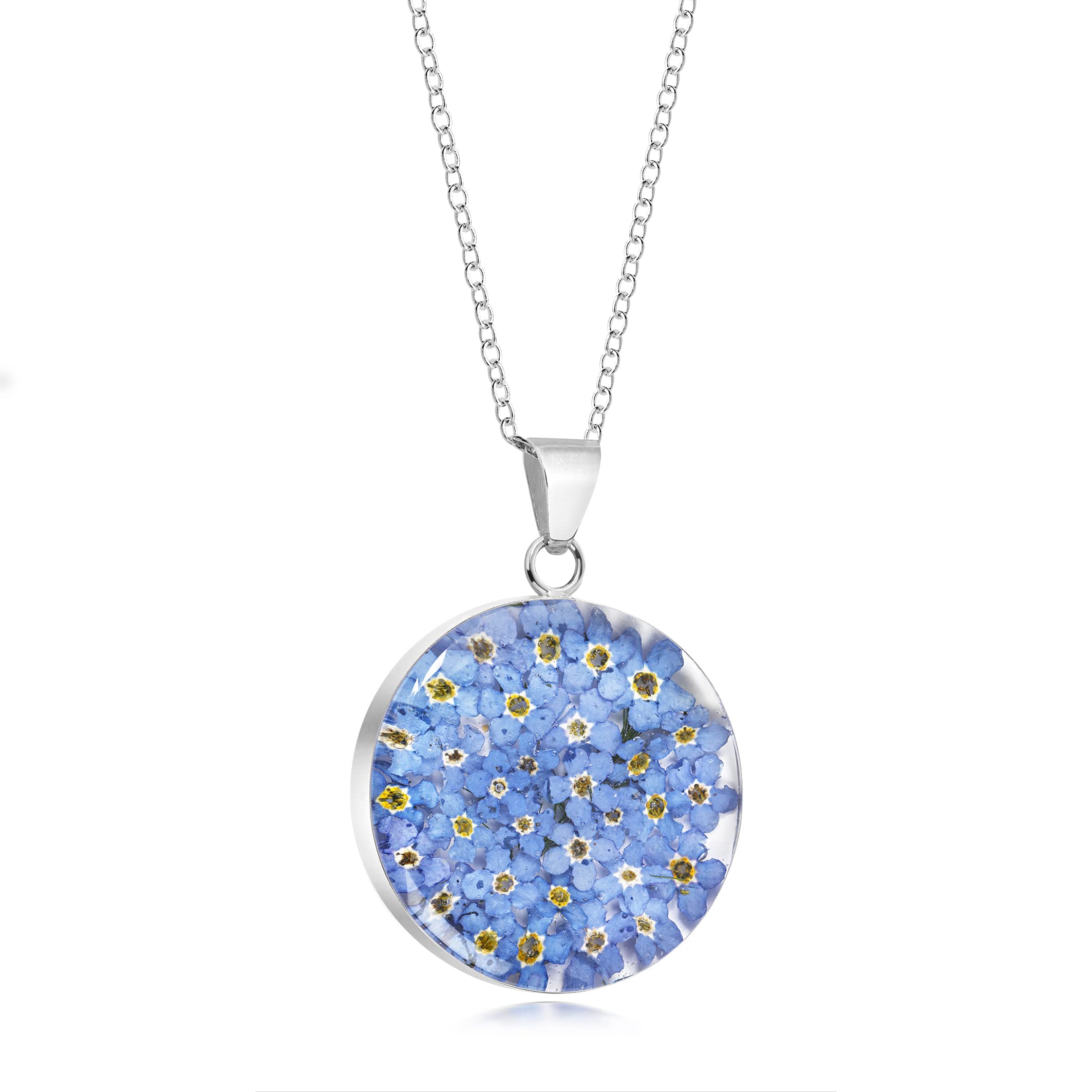 Gioiello a fiore naturale in argento Sterling grande ciondolo rotondo realizzato con Real Forget Me Nots …