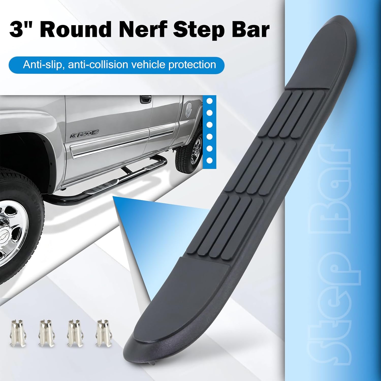 nerf bar replacement pads for 3" round nerf step bars, 20" x 3" durable non-slip running boards pads 4 holes with 4 pins