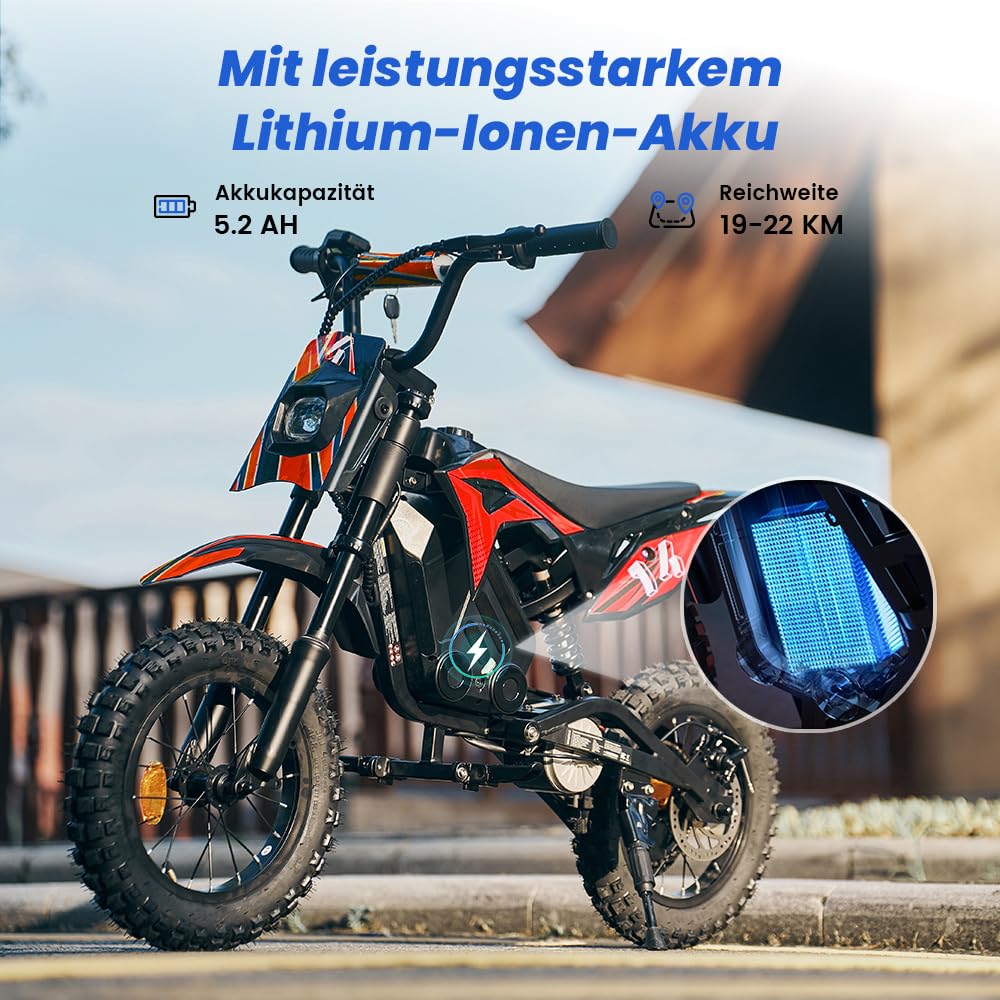 A14 Elektro Motorrad Kinder | 36 Volt 250 Watt Motor bis 22 km/h | E Bike | Dirt Bike | Electric Bike | Motocross |14 Zoll Kinder Motorrad elektrisch | Pocketbike | Dirtbike ab 6 Jahren (Rot)