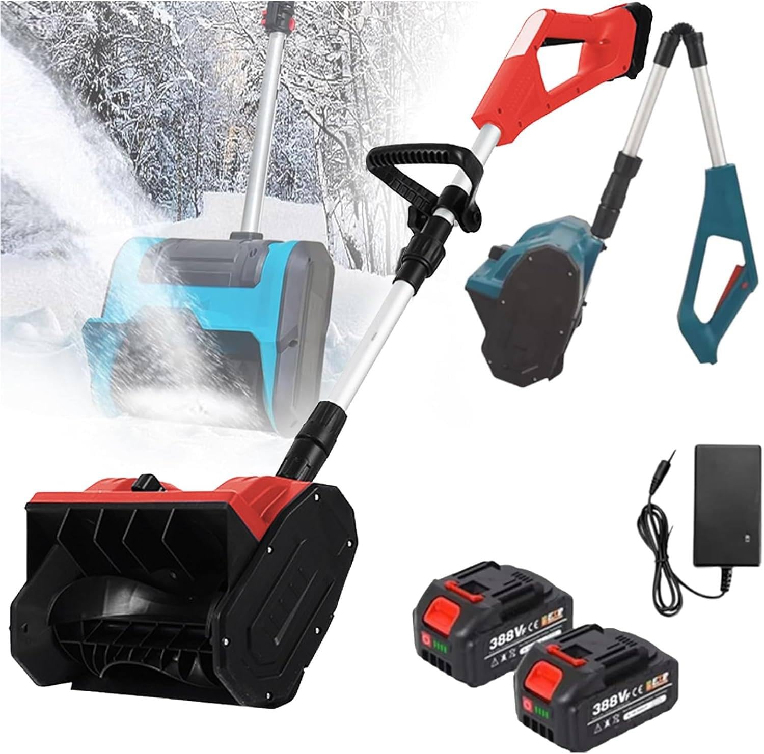 Pala da Neve elettrica Senza Fili, Larghezza 28 cm, spazzaneve a Batteria, con 2 batterie e Caricabatterie rapido, con Display Digitale,Red