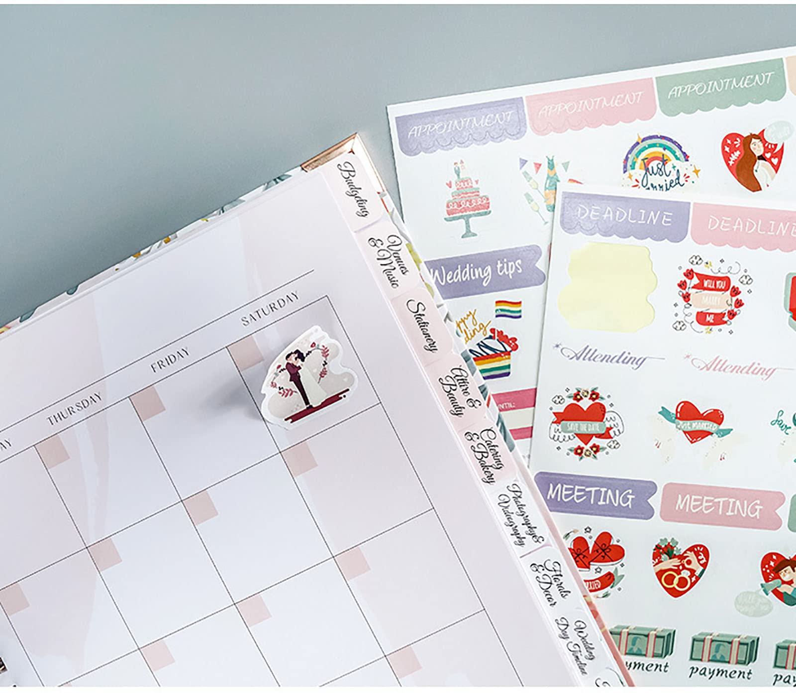 Planificador y Organizador de Bodas Cuaderno de Espiral Diario Gobernado para Posible Pareja como Regalo de Compromiso con Pegatinas,Blue,A4(280 * 210mm)