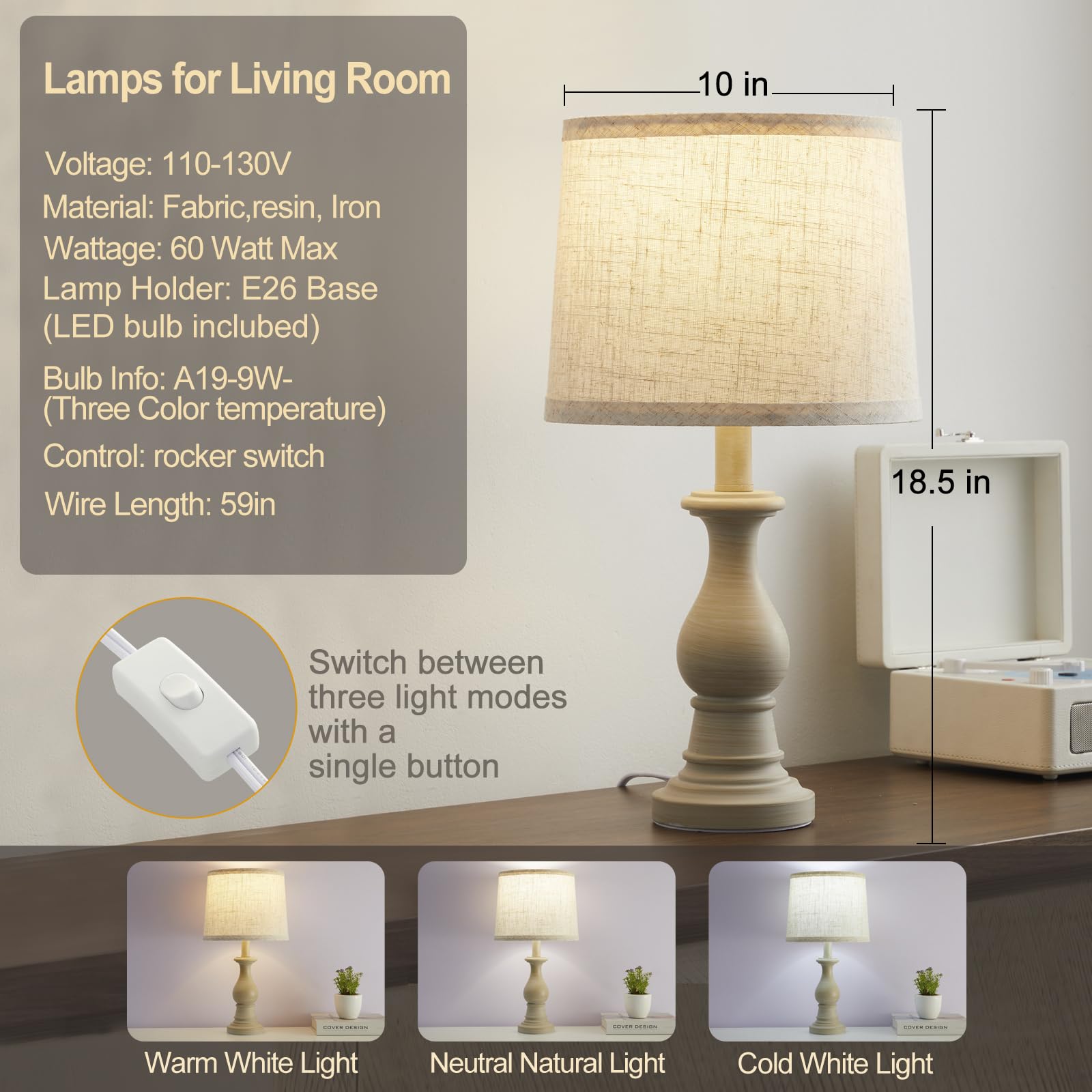 Hikczc Vintage Table Lamp for Living Room Bedroom, 18.5" Farmhouse Bedside Lamps Nightstand Lamp Set of 2, Table Lamps with Oatmeal Linen Lamp Shades, 2 LED Bulbs Included Product Image 2