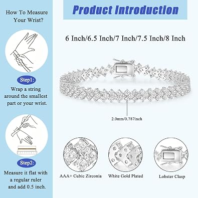Gemsme Tennis Bracelet for Women 18K White Gold Plated Hypoallergenic 5A+ Cubic Zirconia Bracelets Wedding Party Prom 6.0/6.5/7.0/7.5/8.0 Inch