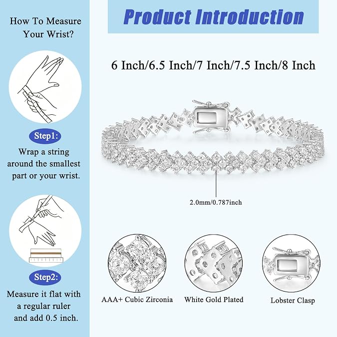 Gemsme Tennis Bracelet for Women 18K White Gold Plated Hypoallergenic 5A+ Cubic Zirconia Bracelets Wedding Party Prom 6.0/6.5/7.0/7.5/8.0 Inch