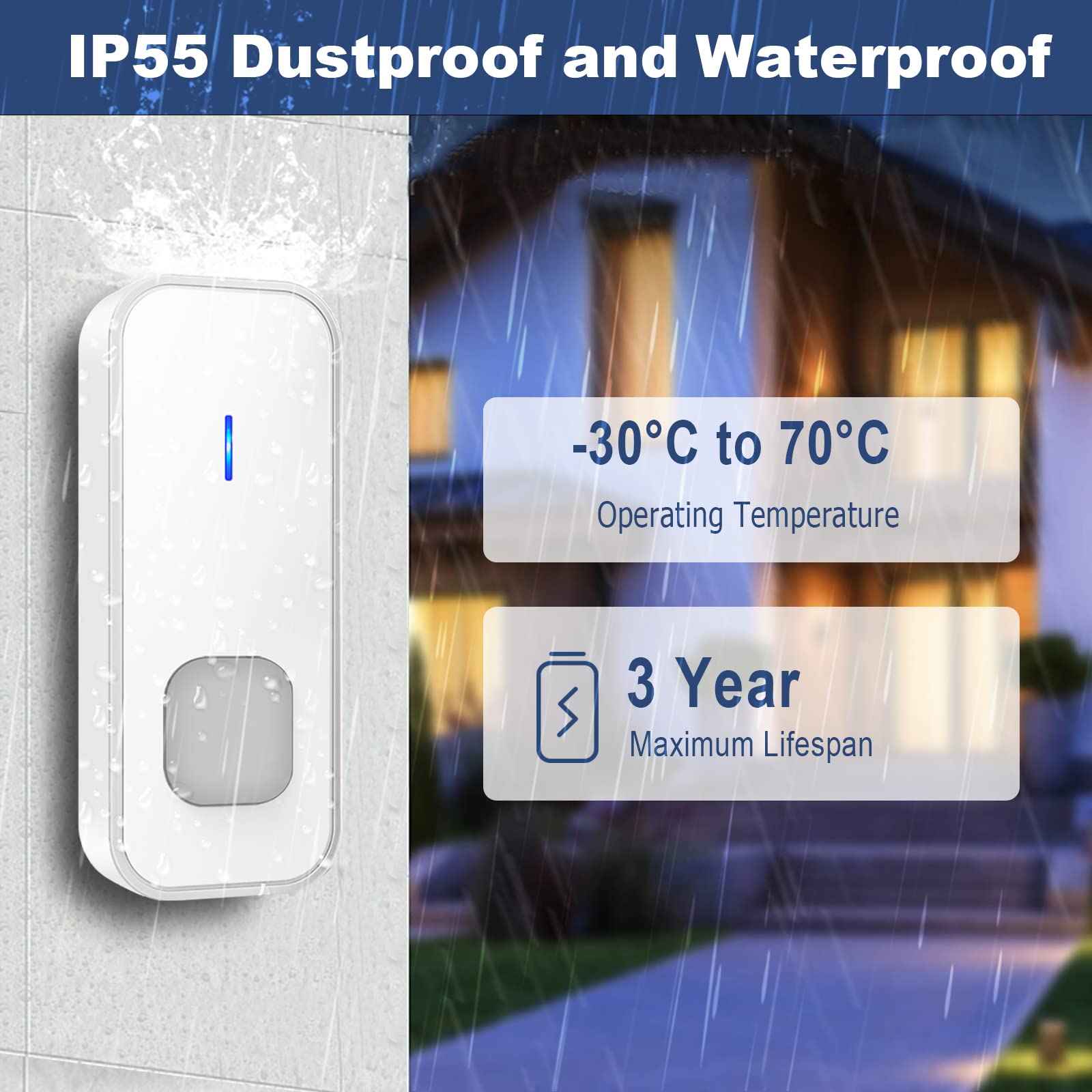 Timbre de puerta inalámbrico impermeable de 1 pie con 3 botones inalámbricos que funcionan con pilas con 55 melodías, 5 niveles de volumen, pantalla digital LED de números para el hogar con 3