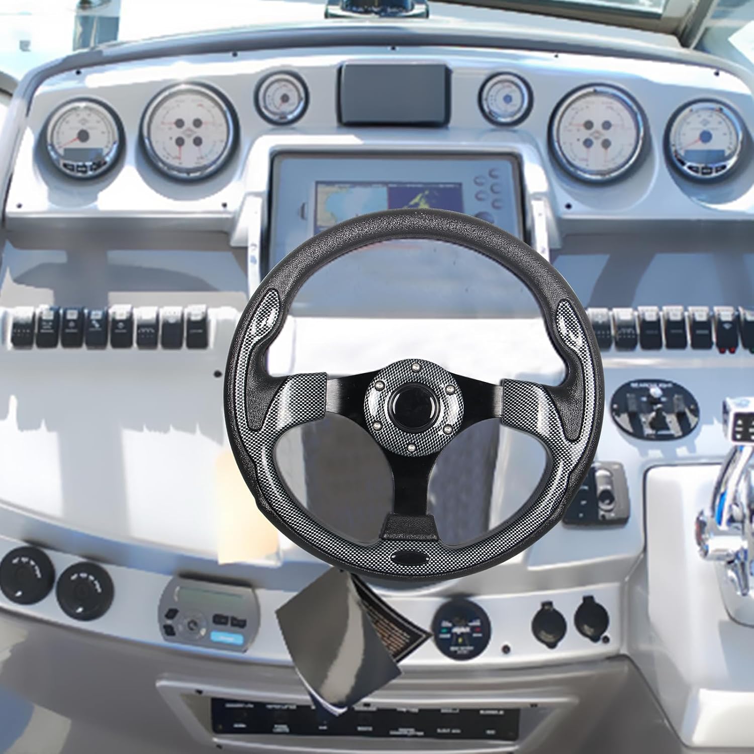 12.5"Marine Boat Steering Wheel with 3/4" Tapered Shaft，Rust-proof Carbon Fiber Steering Wheel for Most Marine boats,Vessels,Yachts,Pontoons Boat