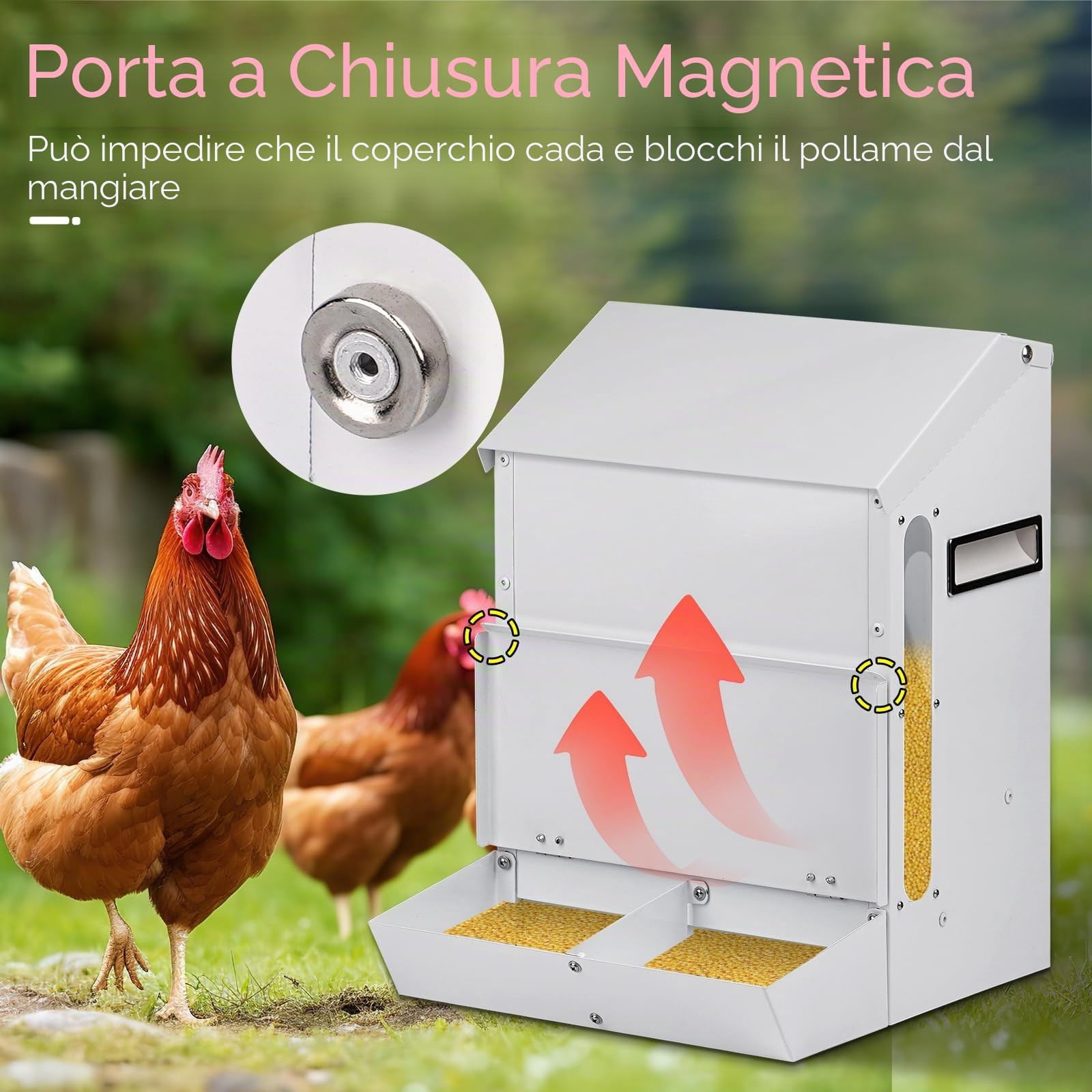 25LBS Mangiatoia Automatica Per Polli Mangiatoia Per Polli a Prova di Topo Con Coperchio dispenser Per Appendere Zincato All'Aperto Senza Sprechi Per Quaglie, Bantam, Anatre e Tacchino