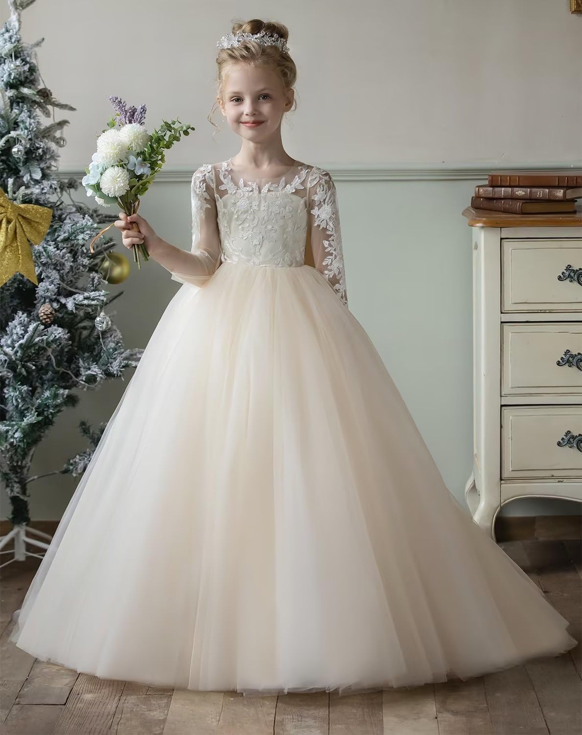 Encaje de Tul, Vestidos de niña de Flores para Boda, Mangas largas, Corte A, Princesa, cumpleaños, Vestidos de Fiesta con Lazo