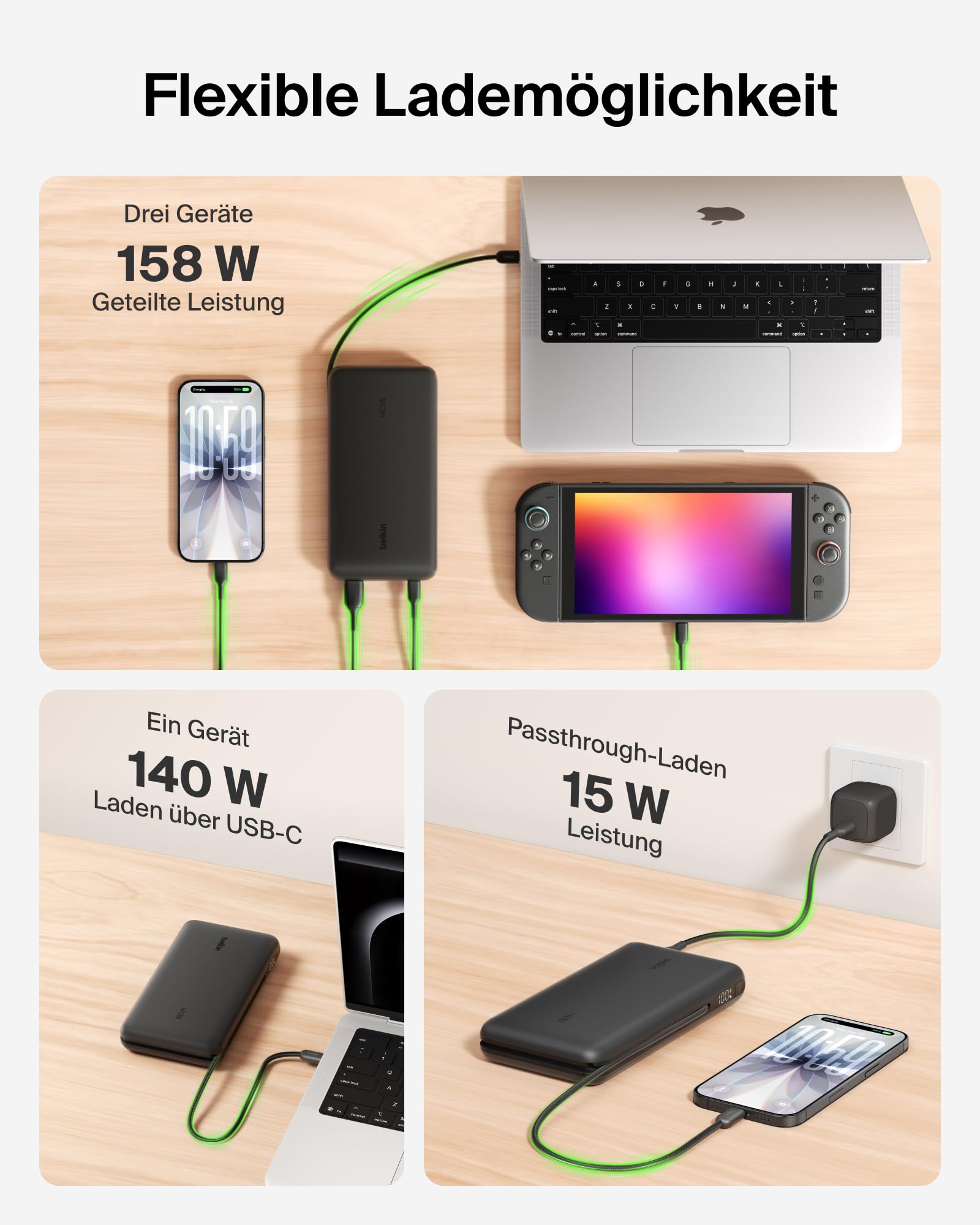 Belkin UltraCharge Pro 25000mAh Power Bank Laptop, Schnellladen – Schwarz | 25K Powerbank, 1 USB-C-Port + Kabel, 1 USB-A-Port, 158W Akkupack mit Power Delivery, Bereits Aufgeladen, Digitalanzeige