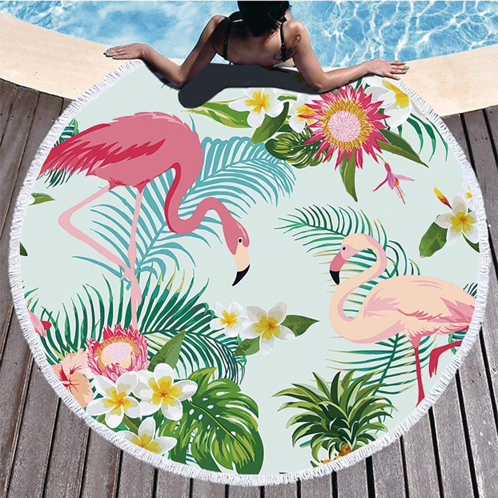 BOYOUTH Round Beach Towel,Colorful Flowers,Tropical Leaves,Pineapple and Flamingo Pattern Printing Blue Beach Mat with Tassels Ultra Soft Super Water Absorbent Multi-Purpose Towel,59 inch-Diameter