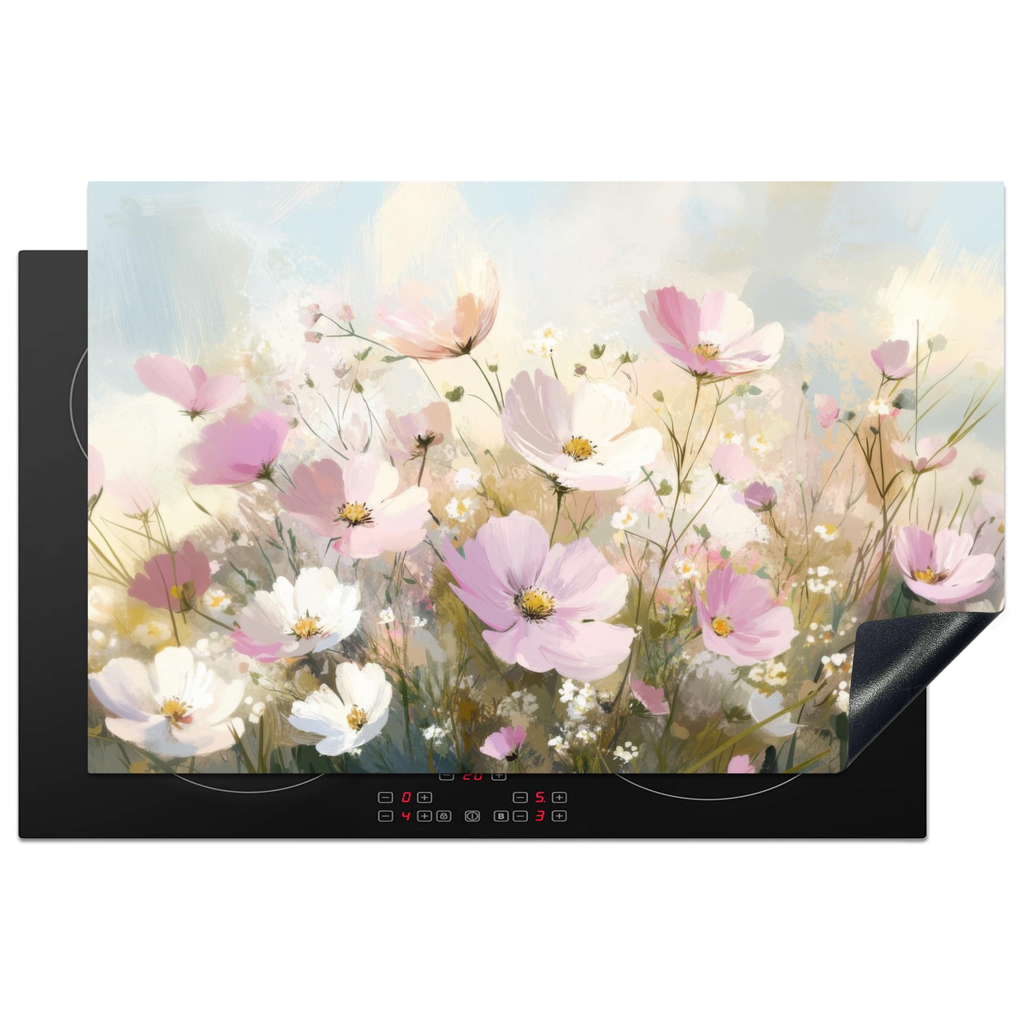 KitchenYeah© Induction Hob Cover Protector Mat 20.8"x32.1" / 81.6x52.7 cm Kitchen Universal Ceramic Covers for Electric Cookers Vinyl Field of Flowers - Light Shades - Painted