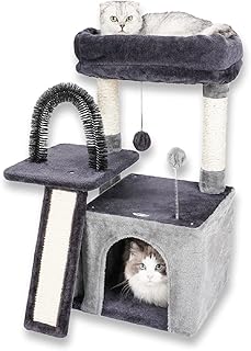 Happi N Pets Cat Tree Tower for Indoor Cats, Multi-Level Cat Tree with Scratching Posts & Pads, Cozy Cat Perch, Cat Self Groomer and Interactive Toys, Featuring with Large Cat Cave, Smokey Gray