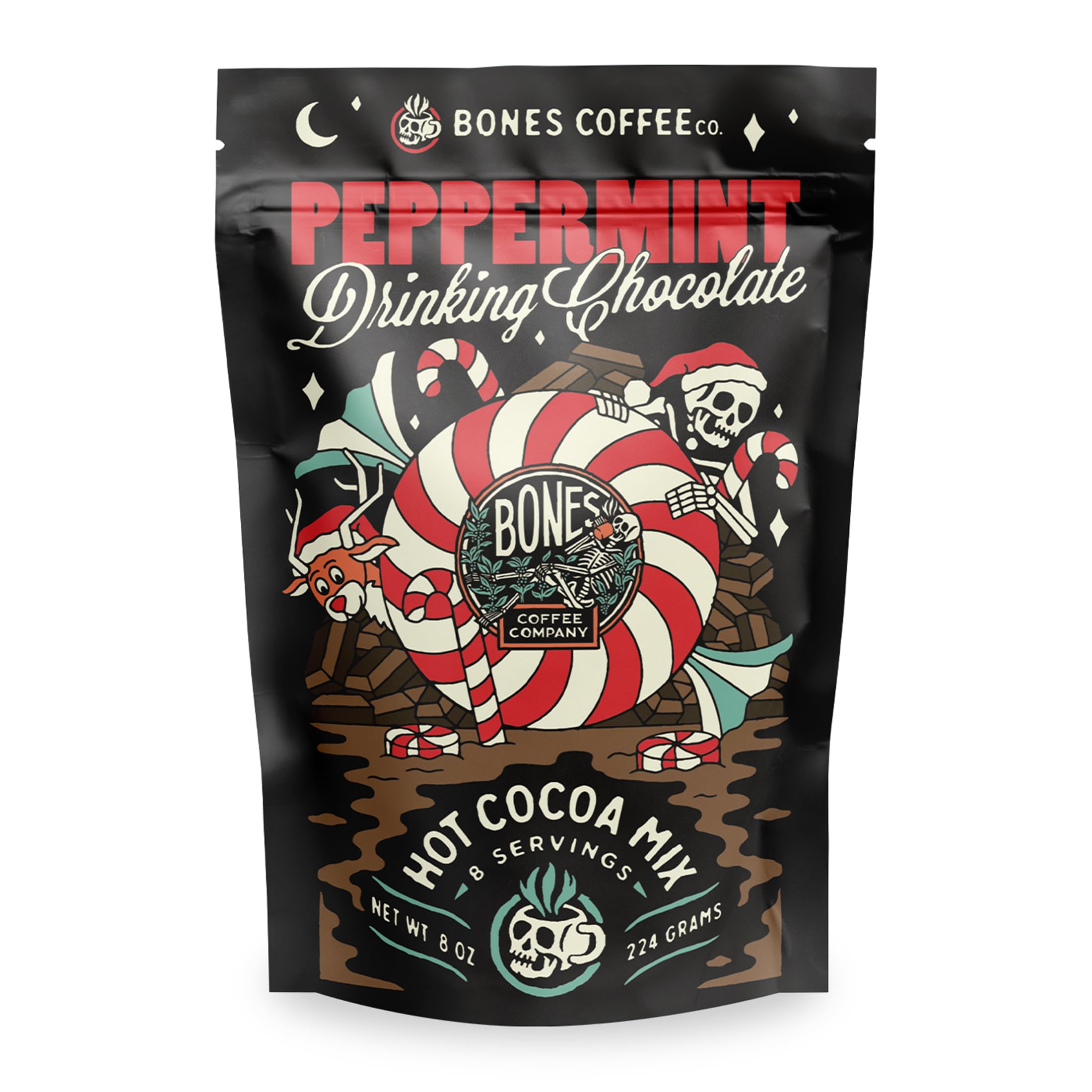 Bones Coffee Company Hot Chocolate Mix – Dairy Free Hot Cocoa Powdered Drink with Natural Cane Sugar & Cacao Powder Drinking Chocolate Peppermint
