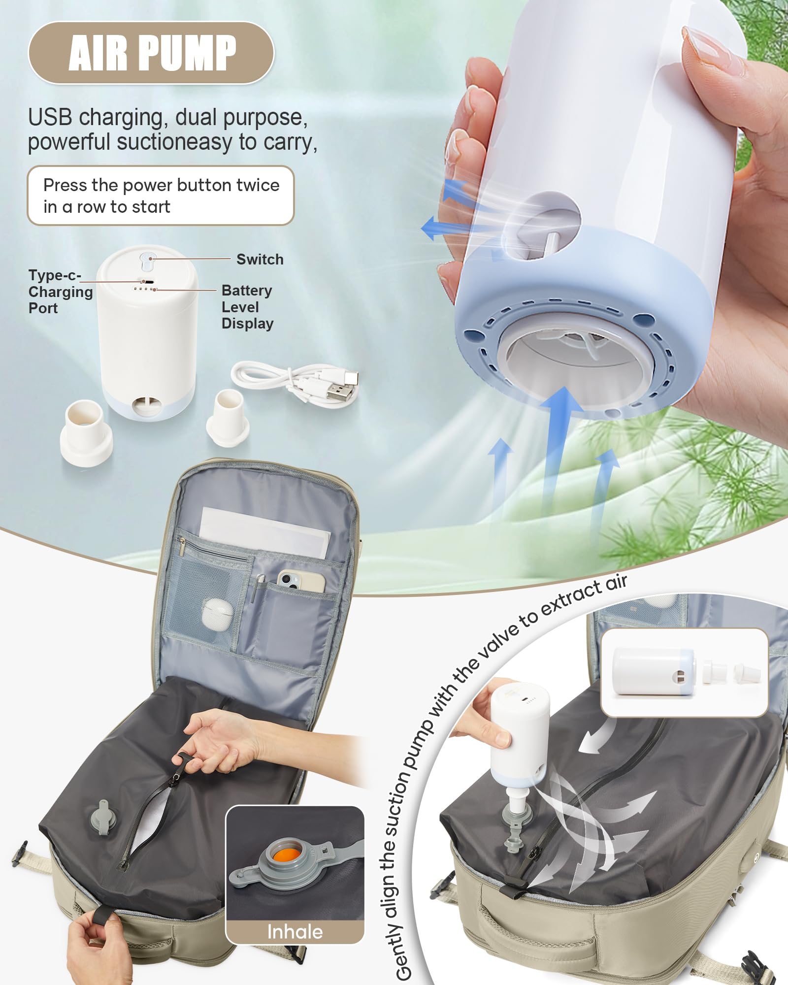 BJLFS Zaino da Viaggio con Sottovuoto Ryanair 40x30x20 Wizzair Bagaglio a mano 40x20x25 Ryanair con Pompa Borse da Cabina per Easyjet 45x36x20 con compressione sottovuoto,Zaino Casual per Laptop