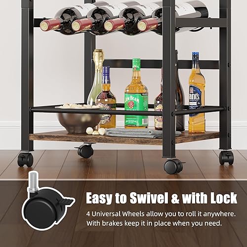 Miniatura 3 de YAOHUOO Carrito de bar, carrito de servir para el hogar, carrito de microondas, carrito de bebidas, estante de cocina móvil con estante para vino y