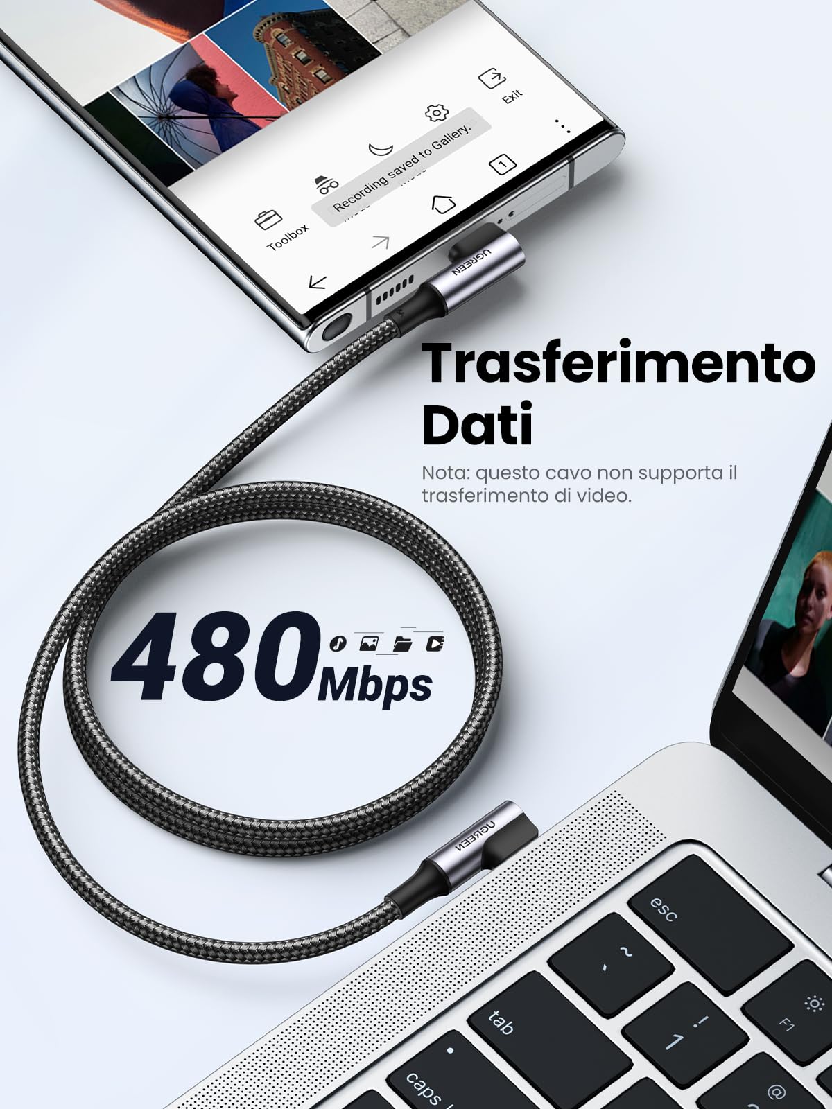 UGREEN Cavo USB C 90 Gradi 100W 5A/20V, Cable Type C Compatible con iPhone 17 Pro Max Air/16/15/14, Macbook Pro/Air, Galaxy S24Ultra/S23/S22, Pixel 9/8/7 ecc 0,5M