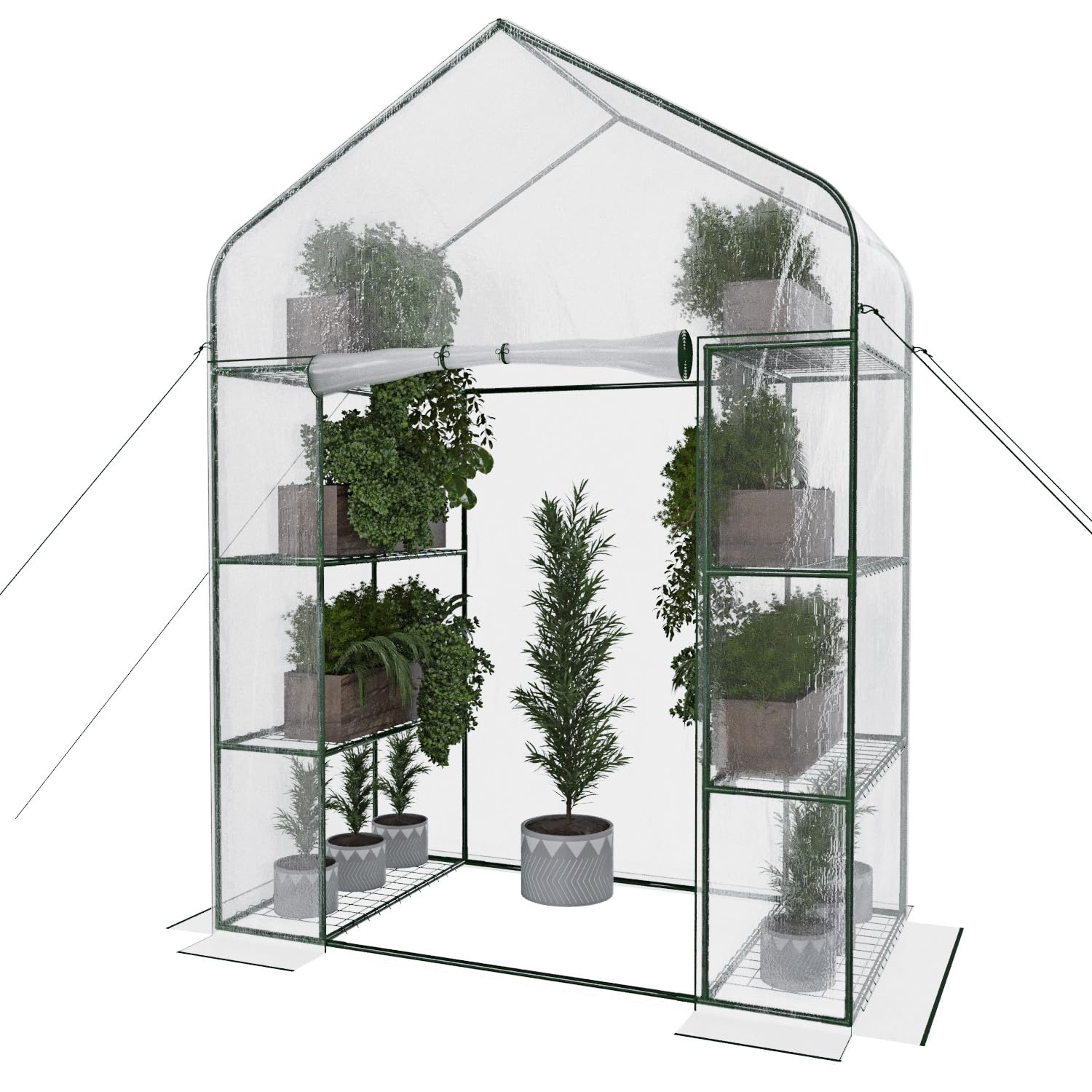 Serra Da Giardino Per Orto Con 8 Ripiani In Metallo Telaio A Casetta In Acciaio Telo Trasparente In PVC Porta Avvolgibile Apertura A Cerniera Protezione Piante Giardinaggio 143 x 74 x 195 Cm