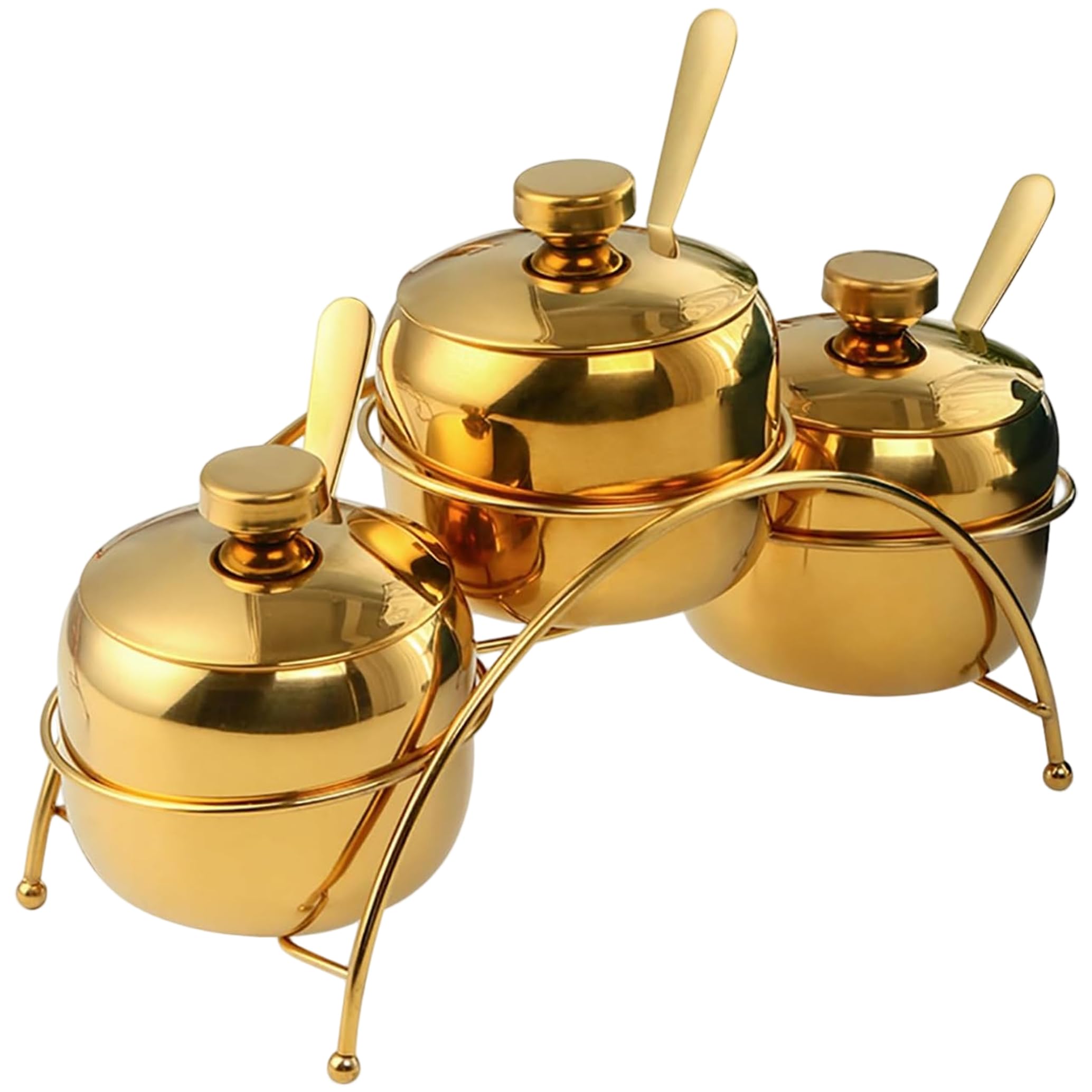 Tsawntd Condiment Pots, 3PCS/Set Spice Jars with Spoon, Stainless Steel Condiment Containers with Lids & Holder Spice Jar Set for Sugar, Pepper, Salt, Spices (Gold)