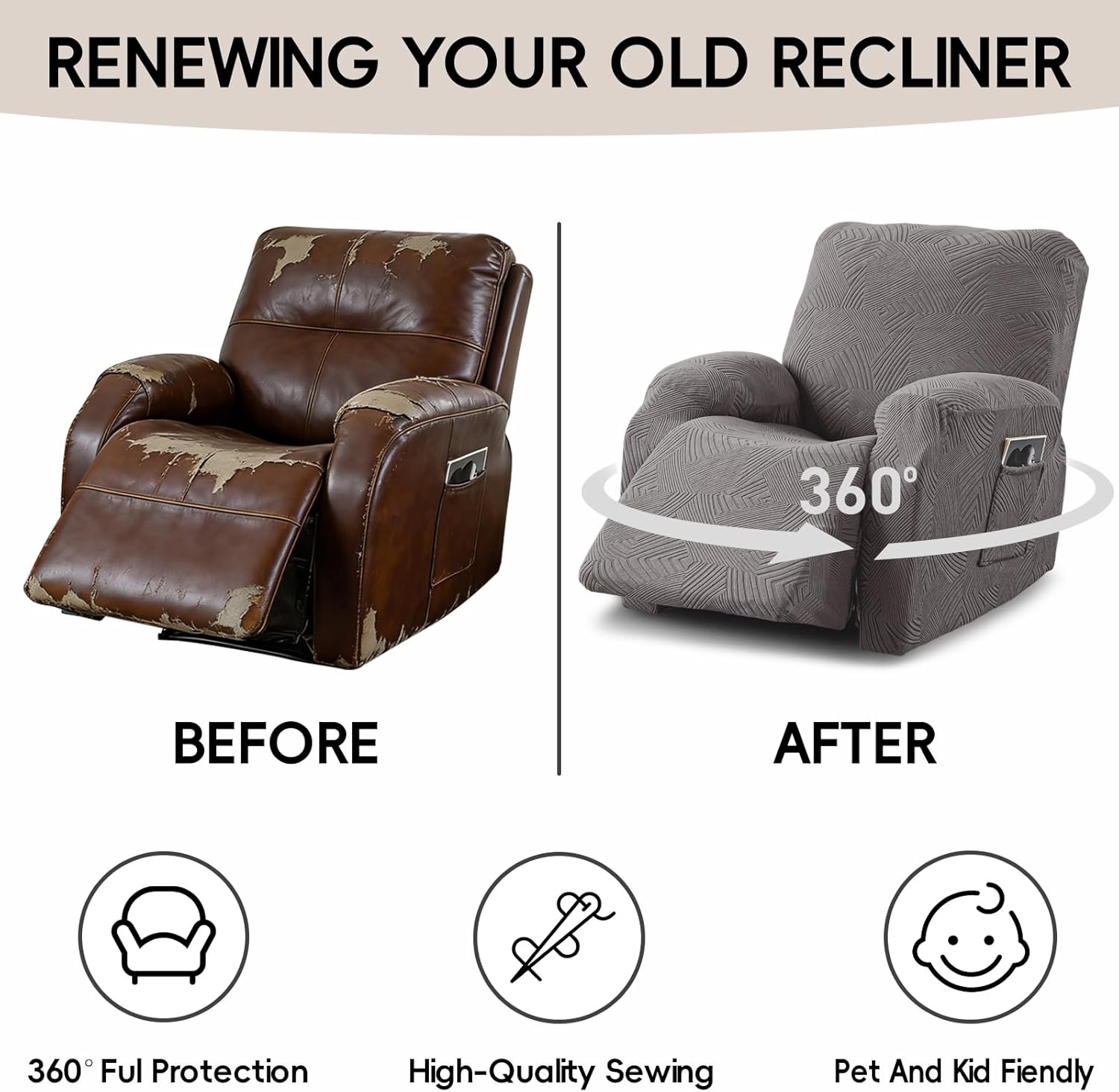 Recliner Chair Covers,Stretch Geometric Strokes Jacquard Reclining Chair Slipcovers,Furniture Protector with Side Pocket,Soft Breathable Couch Cover for Pets Kids,1 Seater Medium Gray