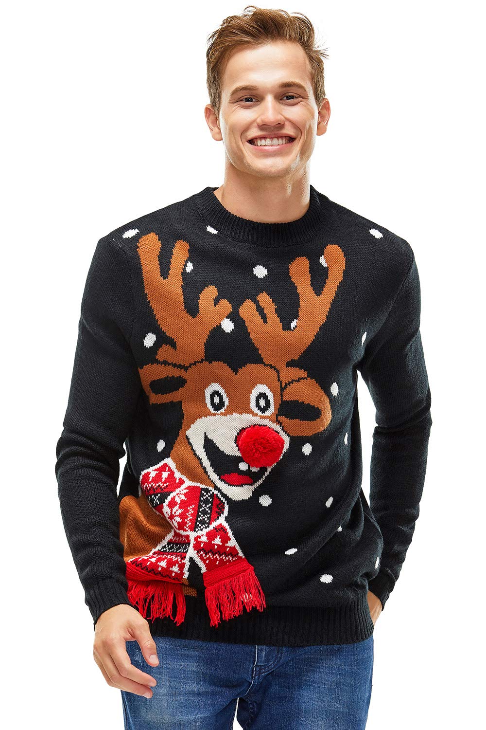 U Look Ugly Today Men's Red Nose Roudolph - Black Ugly Christmas Jumper Funny Christmas Jumper Sweater, 18014-Ma-Bl, Xxl