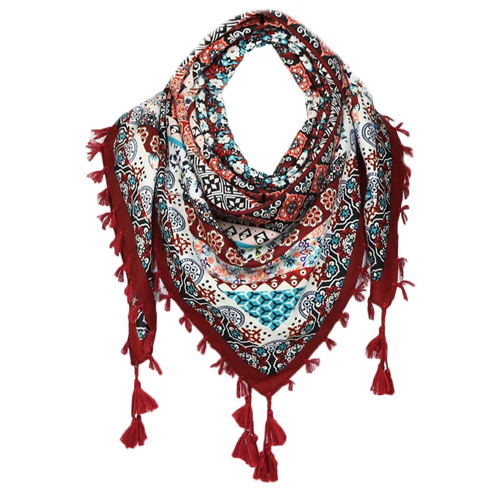 Nuofengkudu Women's Burgundy Retro Floral Print Black Scarf Bohemian Style Large Square Neck Warmer Shawls With Tassel Wraps Blanket 110 * 110Cm (Burgundy)