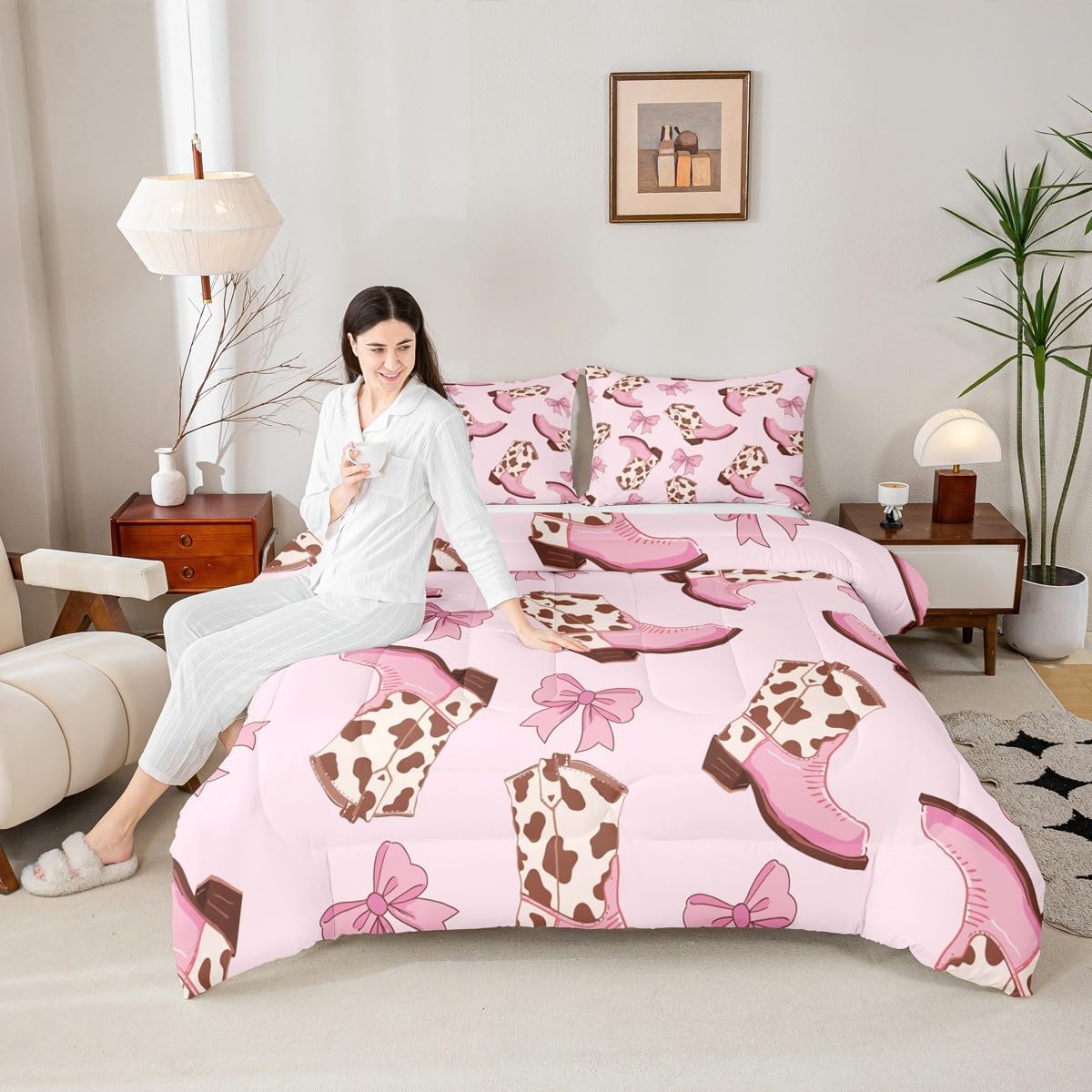 Feelyou Girls Cute Pink Bow Bedding Set Twin Size Kawaii Western Boots Bowknot Comforter Set Girls Coquette Bow-tie Duvet Quilt